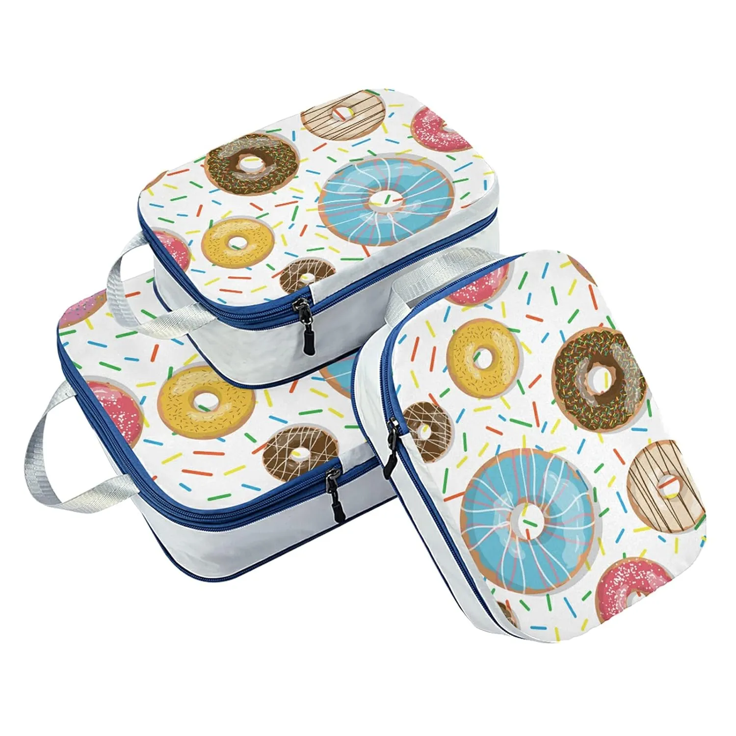 Seamless Colorful Donuts and Sweets Dots Doughnuts on White 3 Set Packing Cubes, Waterproof Check Oxford cloth Organizers, Travel Packing Toiletry Storage Bag