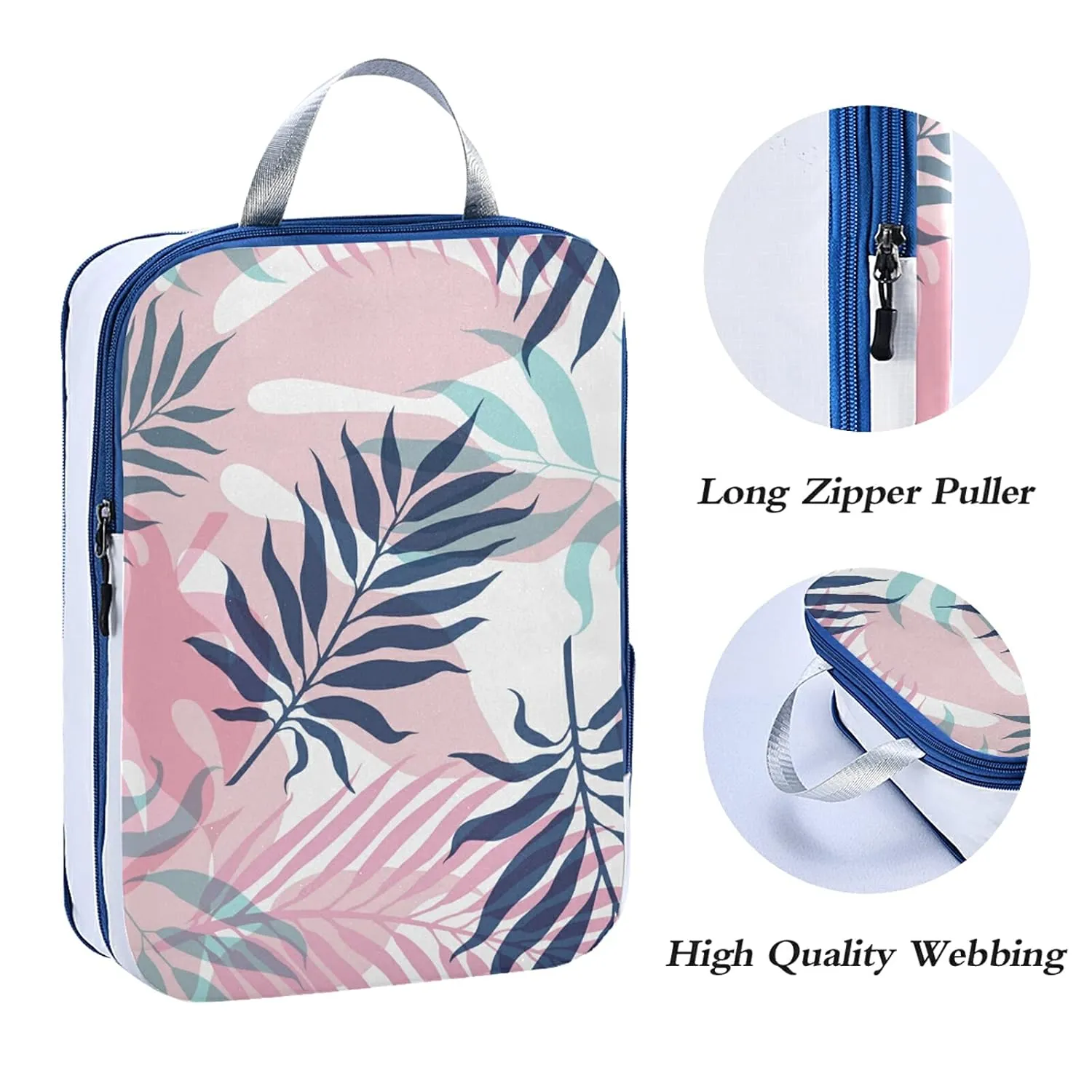 Seamless Dark Blue and Pink Tropical Palm Leaves and Flowers on White 3 Set Packing Cubes, Waterproof Check Oxford cloth Organizers, Travel Packing Toiletry Storage Bag