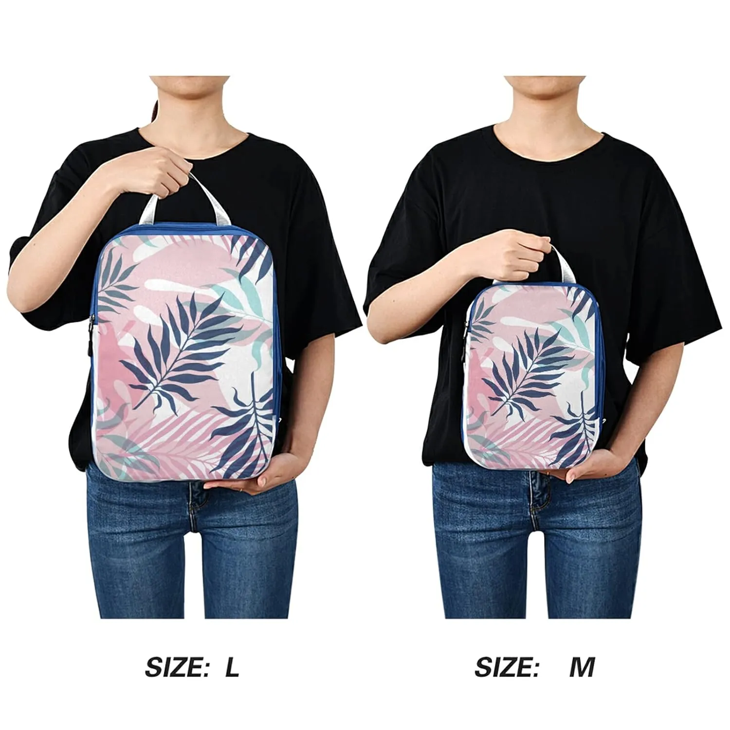Seamless Dark Blue and Pink Tropical Palm Leaves and Flowers on White 3 Set Packing Cubes, Waterproof Check Oxford cloth Organizers, Travel Packing Toiletry Storage Bag