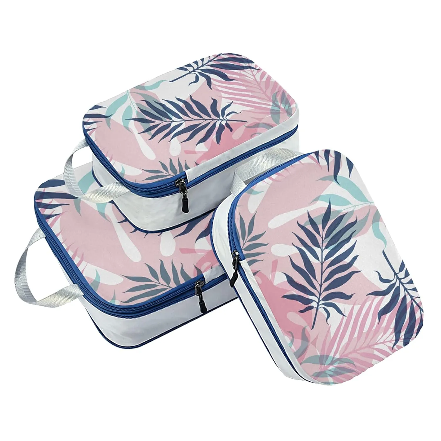 Seamless Dark Blue and Pink Tropical Palm Leaves and Flowers on White 3 Set Packing Cubes, Waterproof Check Oxford cloth Organizers, Travel Packing Toiletry Storage Bag
