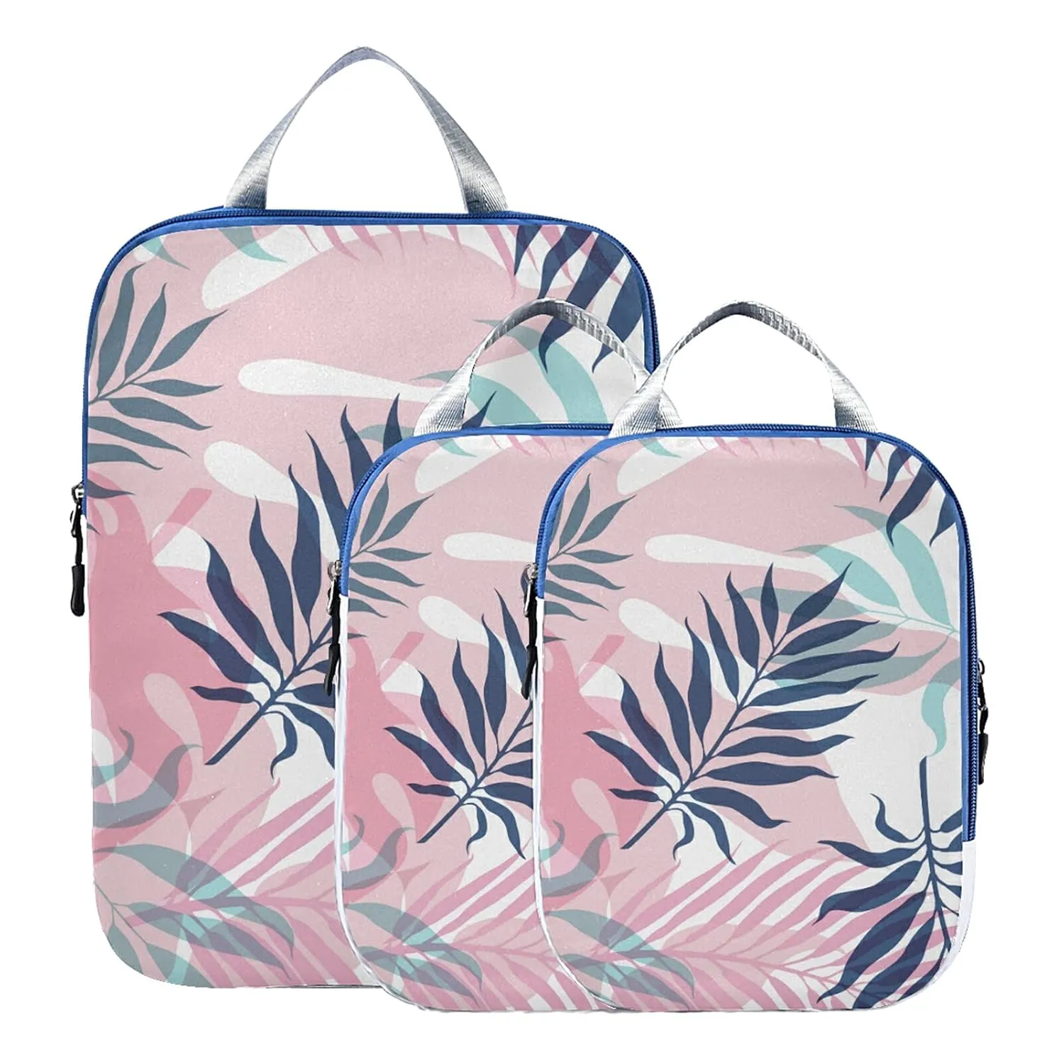 Seamless Dark Blue and Pink Tropical Palm Leaves and Flowers on White 3 Set Packing Cubes, Waterproof Check Oxford cloth Organizers, Travel Packing Toiletry Storage Bag
