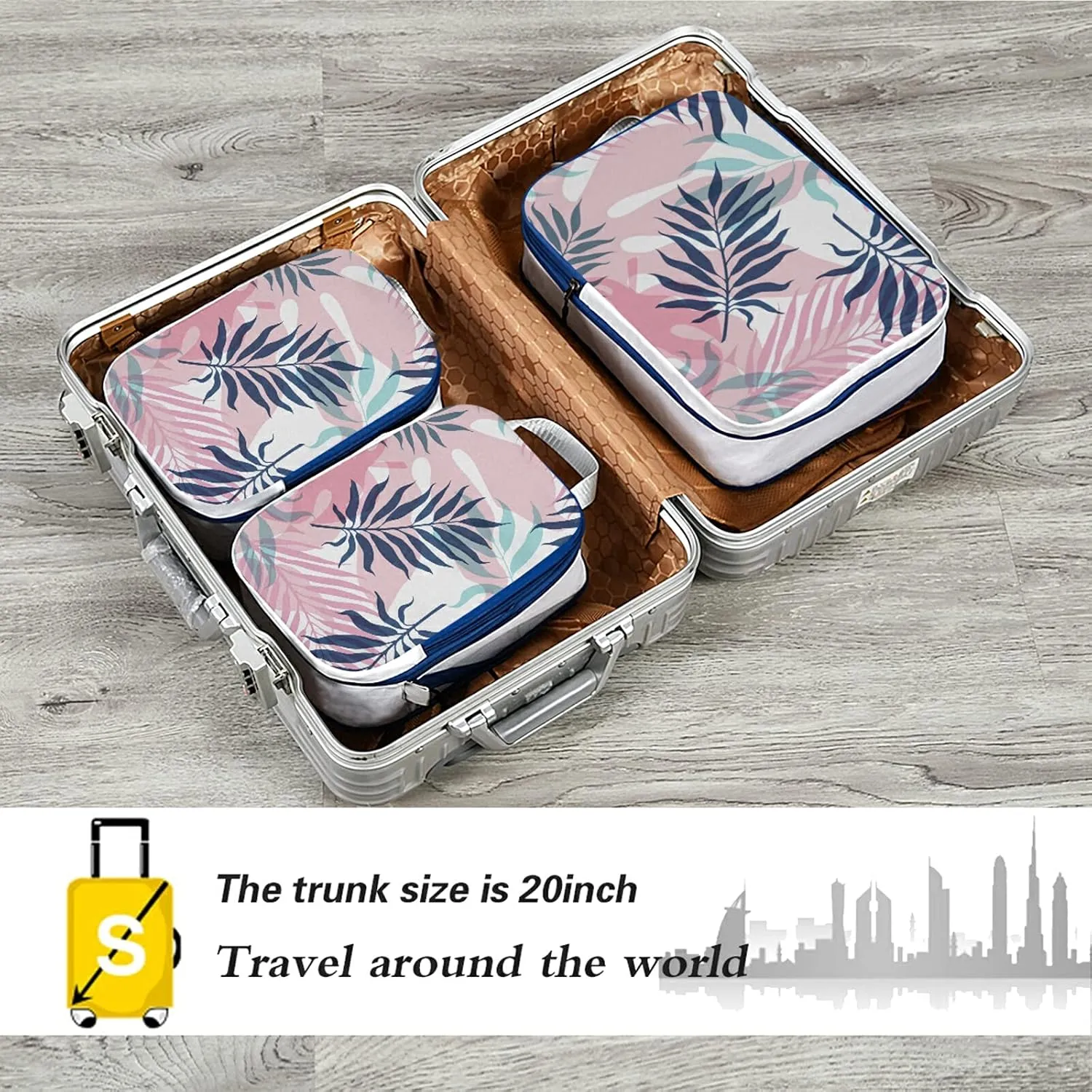 Seamless Dark Blue and Pink Tropical Palm Leaves and Flowers on White 3 Set Packing Cubes, Waterproof Check Oxford cloth Organizers, Travel Packing Toiletry Storage Bag