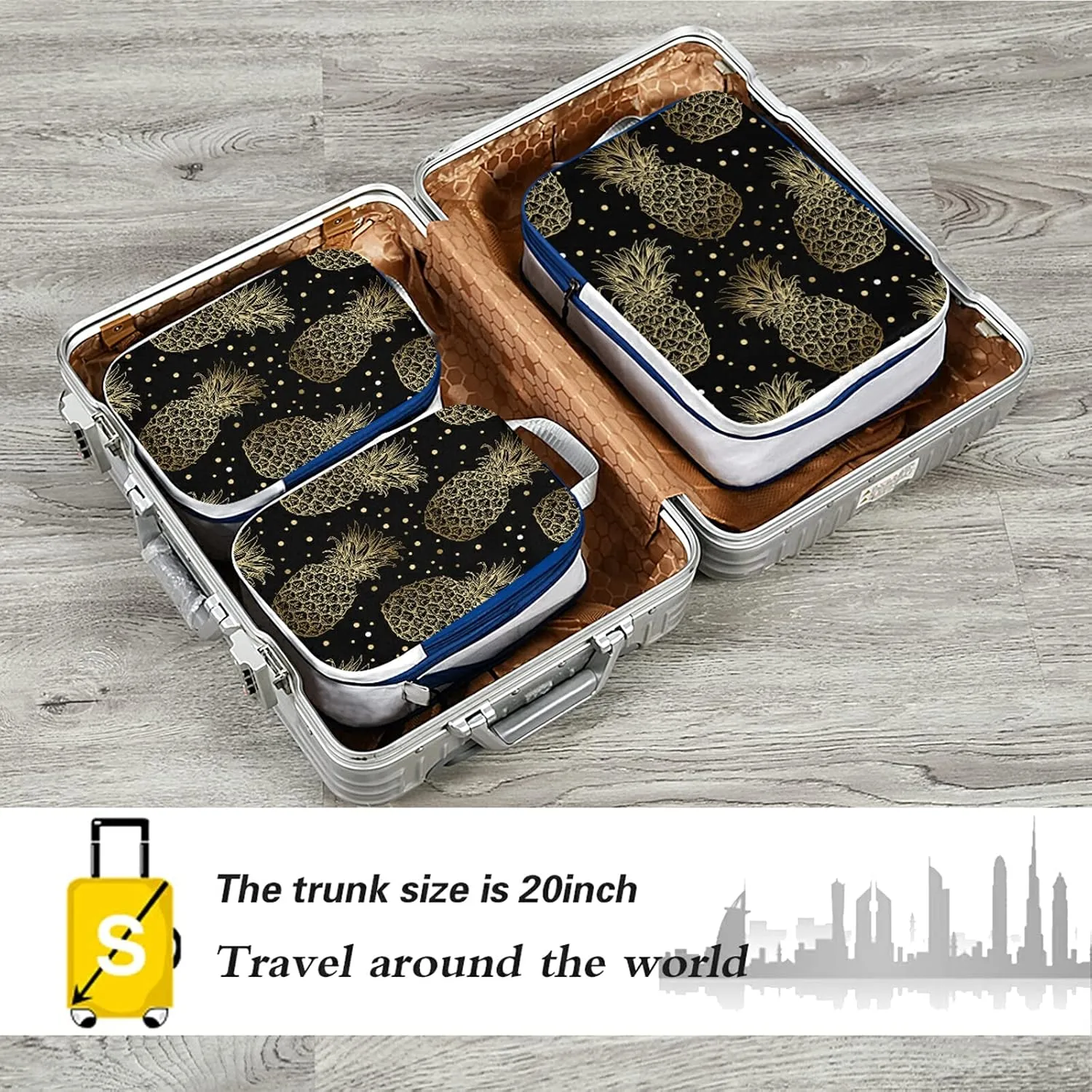 Seamless Golden Pineapples Hand Drawn Gold Pineapple Dots on Dark 3 Set Packing Cubes, Waterproof Check Oxford cloth Organizers, Travel Packing Toiletry Storage Bag