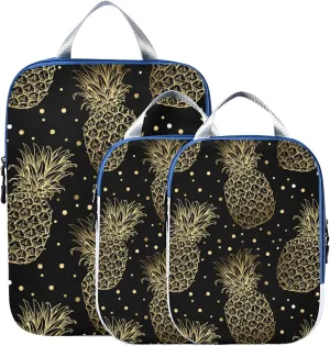 Seamless Golden Pineapples Hand Drawn Gold Pineapple Dots on Dark 3 Set Packing Cubes, Waterproof Check Oxford cloth Organizers, Travel Packing Toiletry Storage Bag