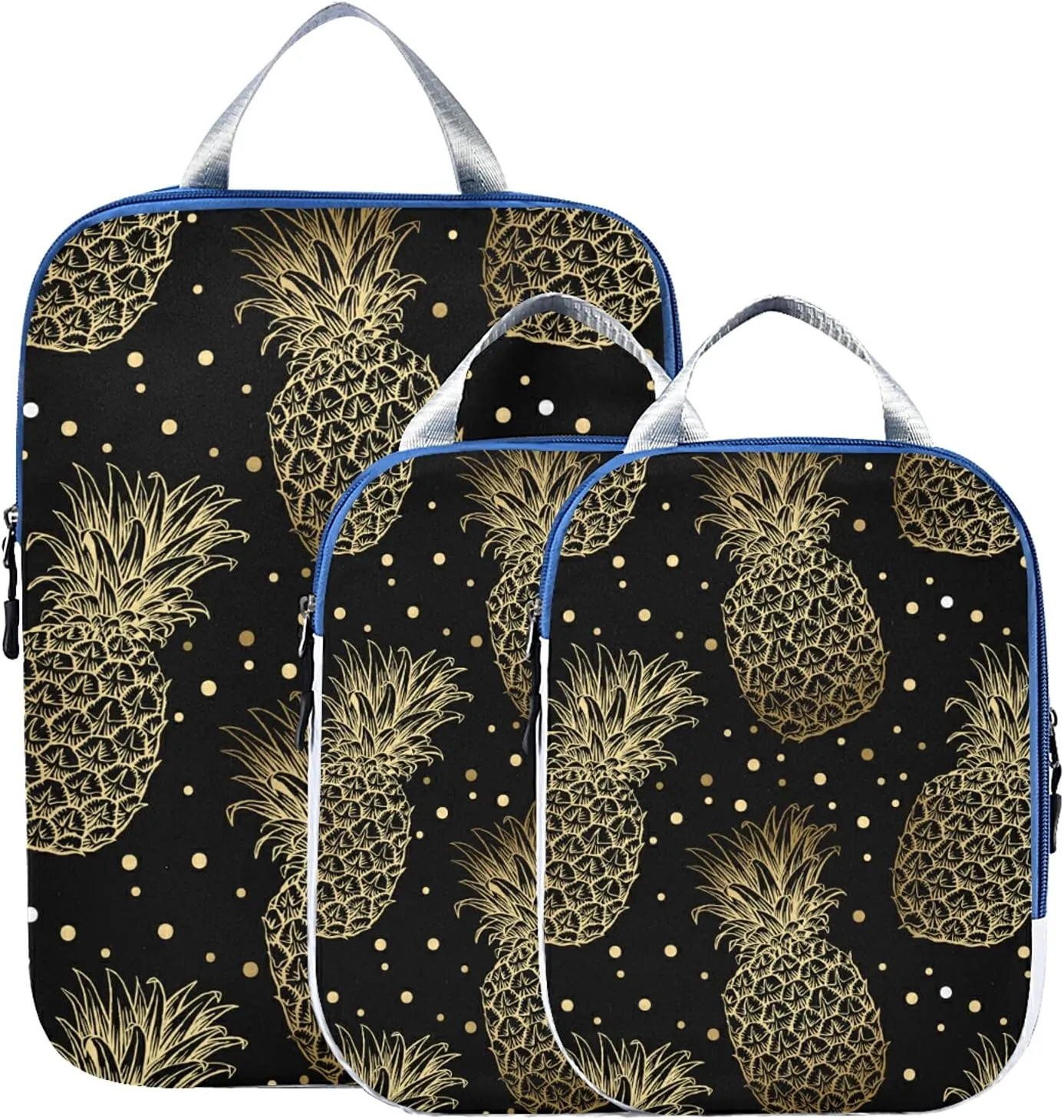 Seamless Golden Pineapples Hand Drawn Gold Pineapple Dots on Dark 3 Set Packing Cubes, Waterproof Check Oxford cloth Organizers, Travel Packing Toiletry Storage Bag