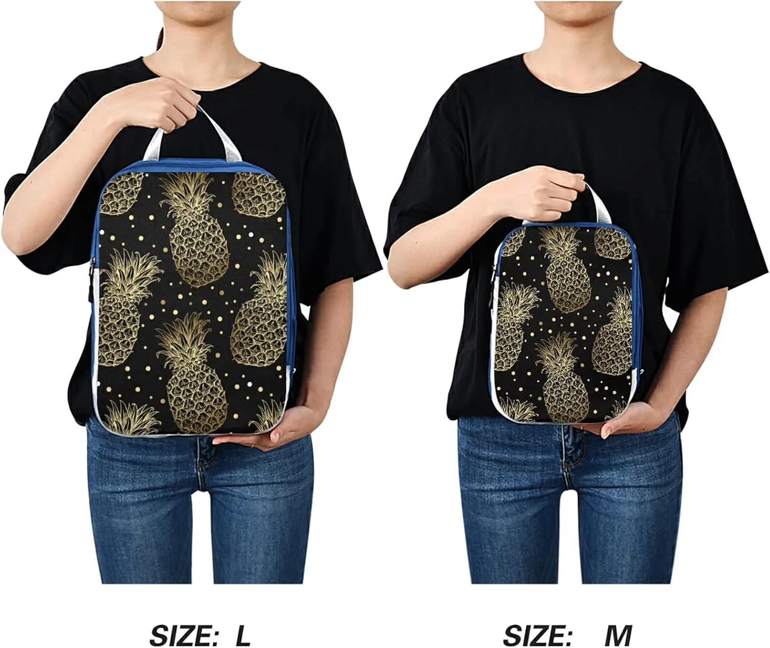 Seamless Golden Pineapples Hand Drawn Gold Pineapple Dots on Dark 3 Set Packing Cubes, Waterproof Check Oxford cloth Organizers, Travel Packing Toiletry Storage Bag