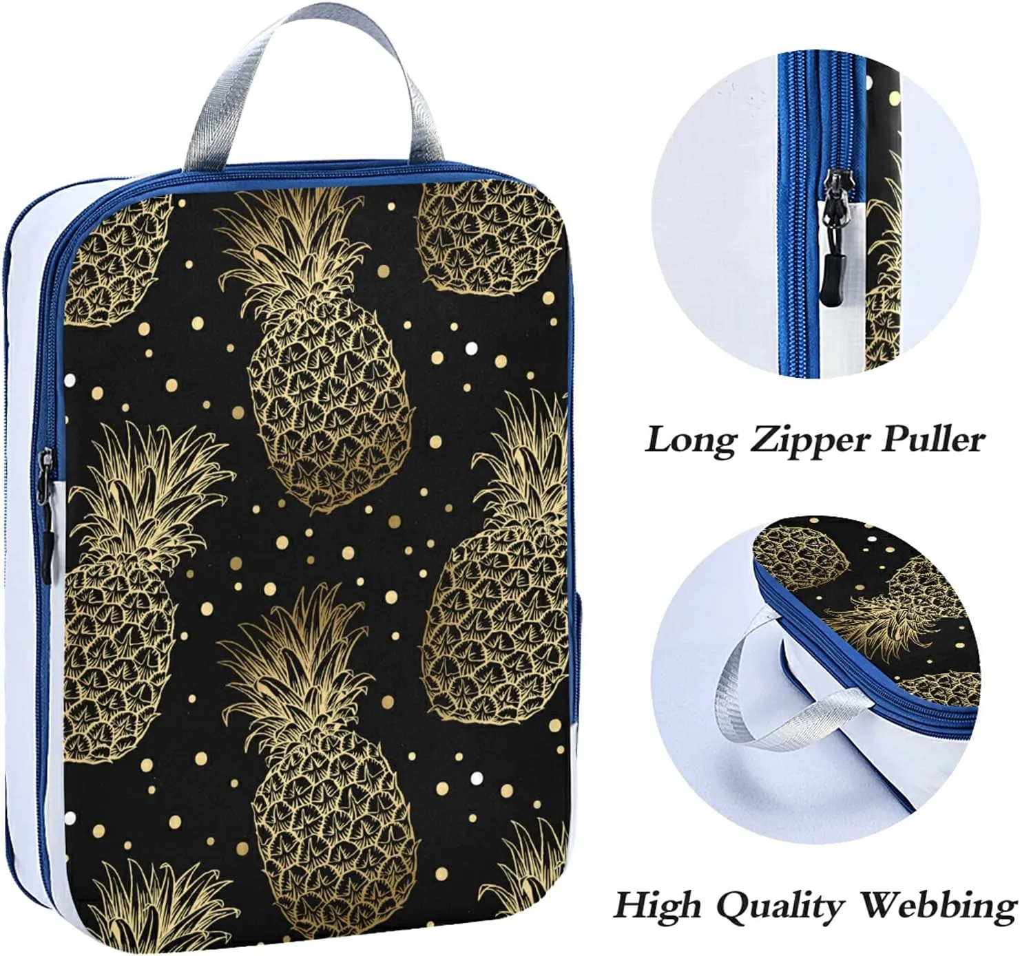 Seamless Golden Pineapples Hand Drawn Gold Pineapple Dots on Dark 3 Set Packing Cubes, Waterproof Check Oxford cloth Organizers, Travel Packing Toiletry Storage Bag