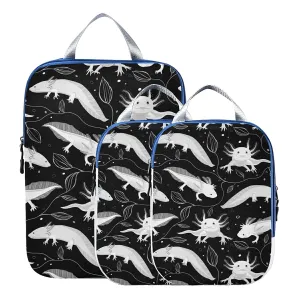 Seamless White Swimming Axolotls, Algae Leaves on Dark 3 Set Packing Cubes, Waterproof Check Oxford cloth Organizers, Travel Packing Toiletry Storage Bag