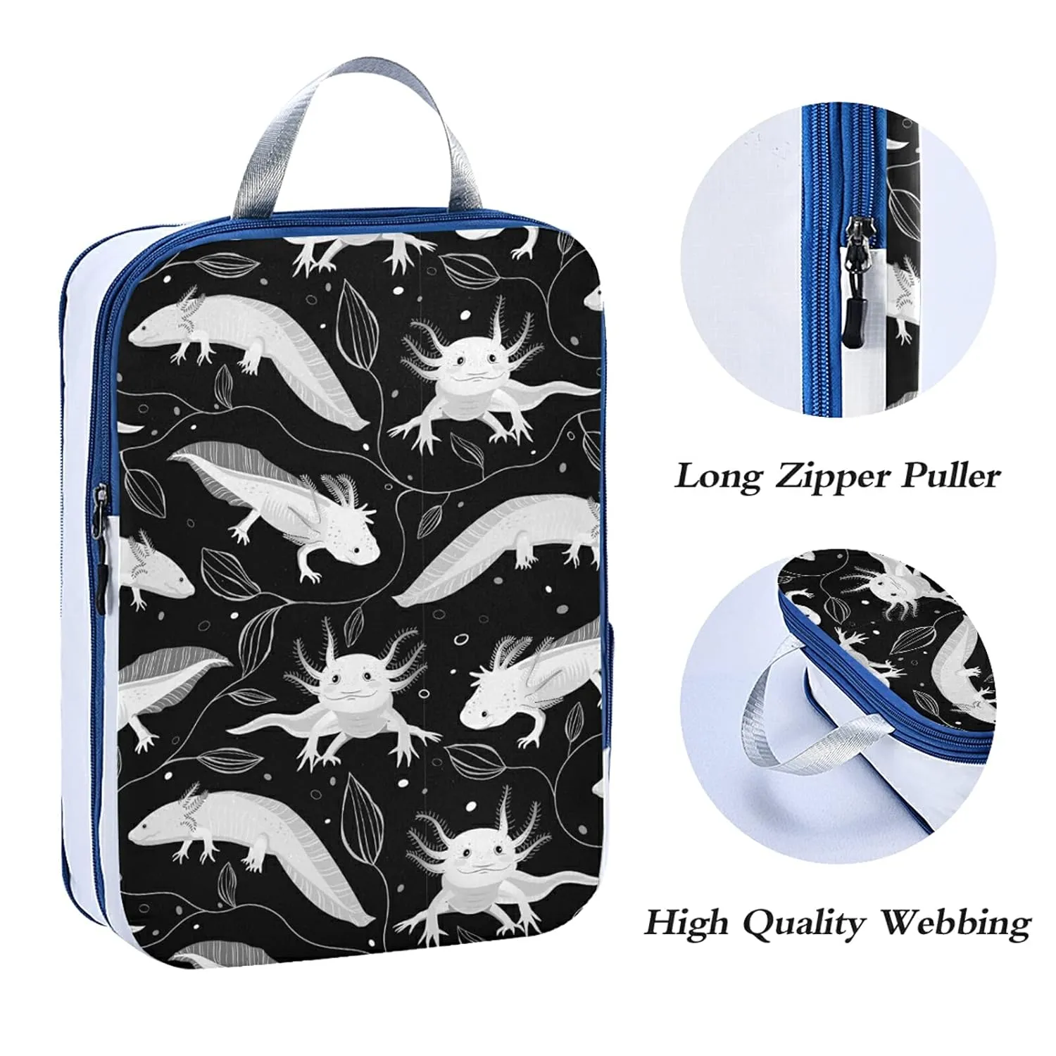 Seamless White Swimming Axolotls, Algae Leaves on Dark 3 Set Packing Cubes, Waterproof Check Oxford cloth Organizers, Travel Packing Toiletry Storage Bag