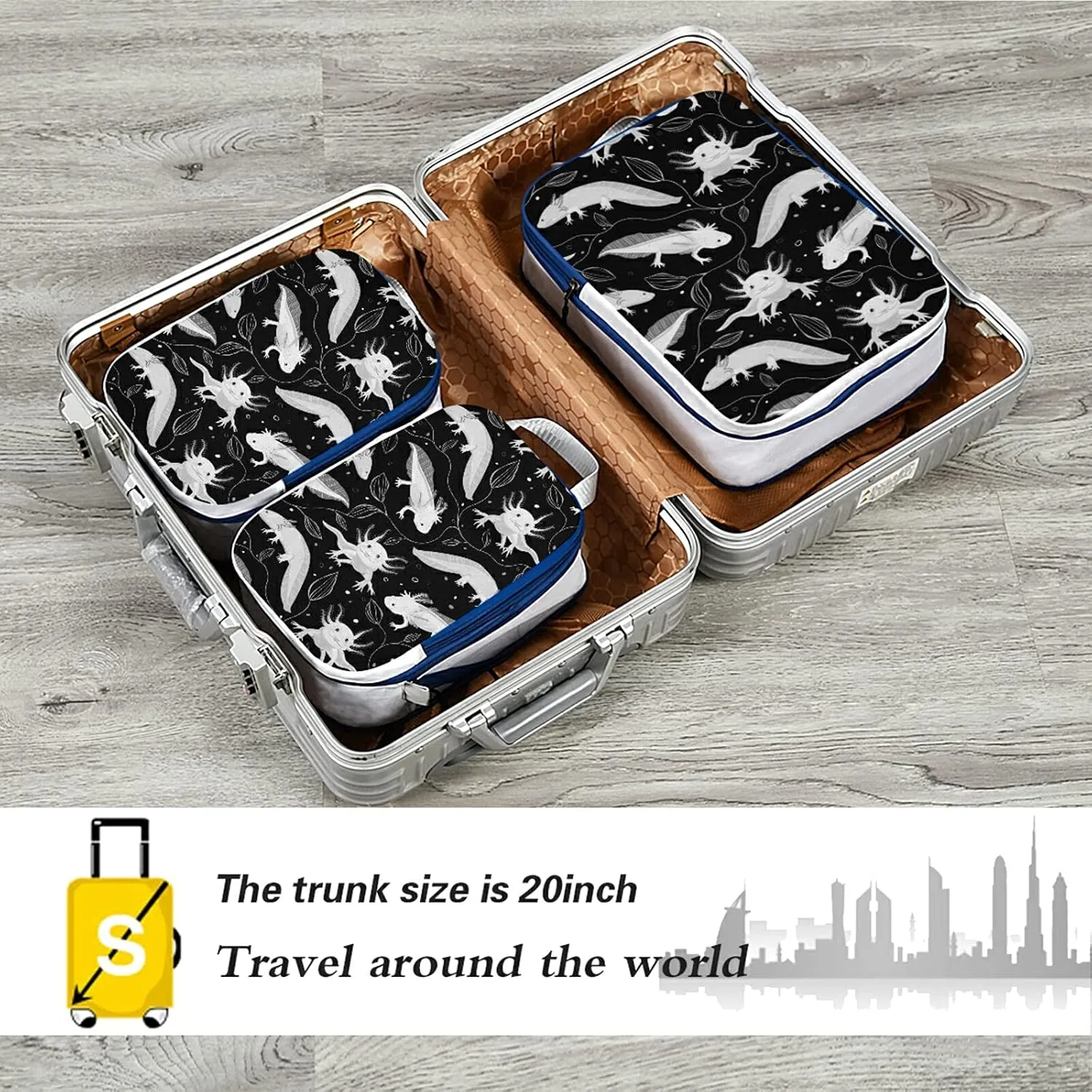 Seamless White Swimming Axolotls, Algae Leaves on Dark 3 Set Packing Cubes, Waterproof Check Oxford cloth Organizers, Travel Packing Toiletry Storage Bag