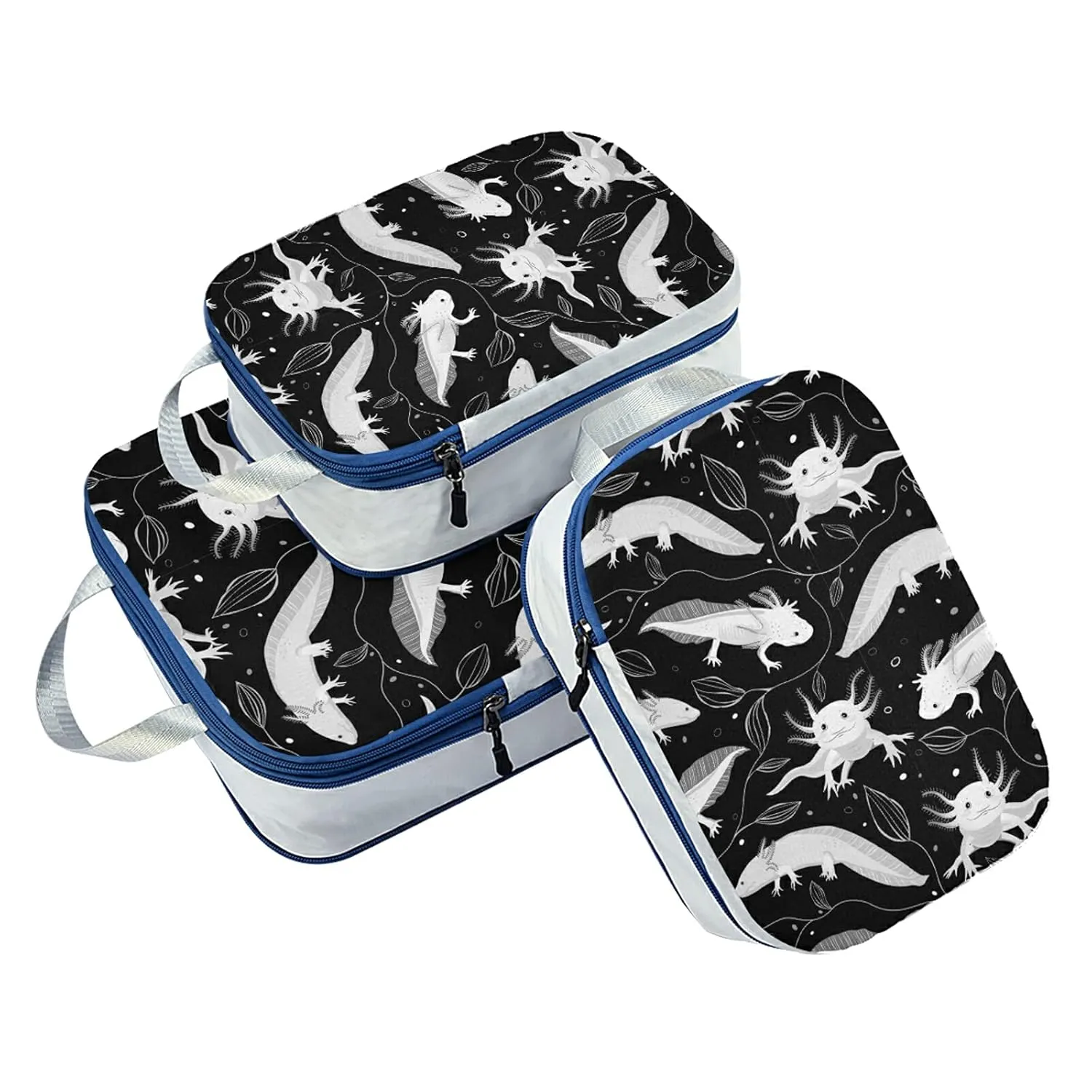 Seamless White Swimming Axolotls, Algae Leaves on Dark 3 Set Packing Cubes, Waterproof Check Oxford cloth Organizers, Travel Packing Toiletry Storage Bag