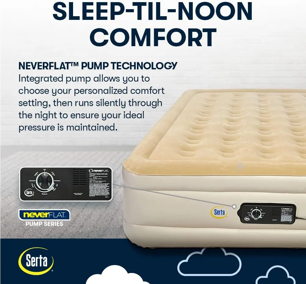 Serta Raised Air Mattress with Never Flat Pump | Luxury Inflatable Mattress with Built in Air Pump to Ensure a Good Night’s Rest | Heavy Duty Blow Up Mattress with Self Inflating Pump