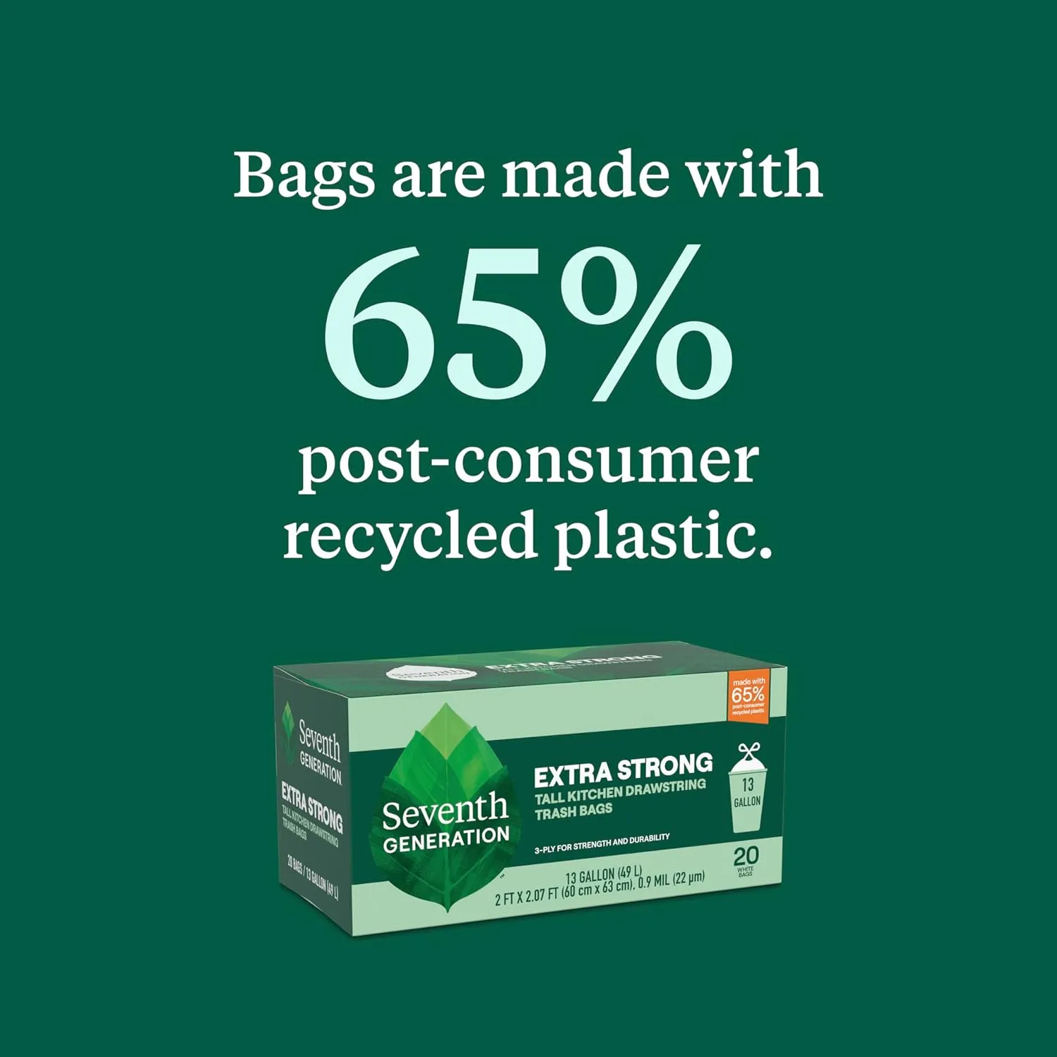 Seventh Generation Kitchen Garbage Bags 13 Gallon Pack of 6 Extra Strong Made from Recycled Plastic 20 count