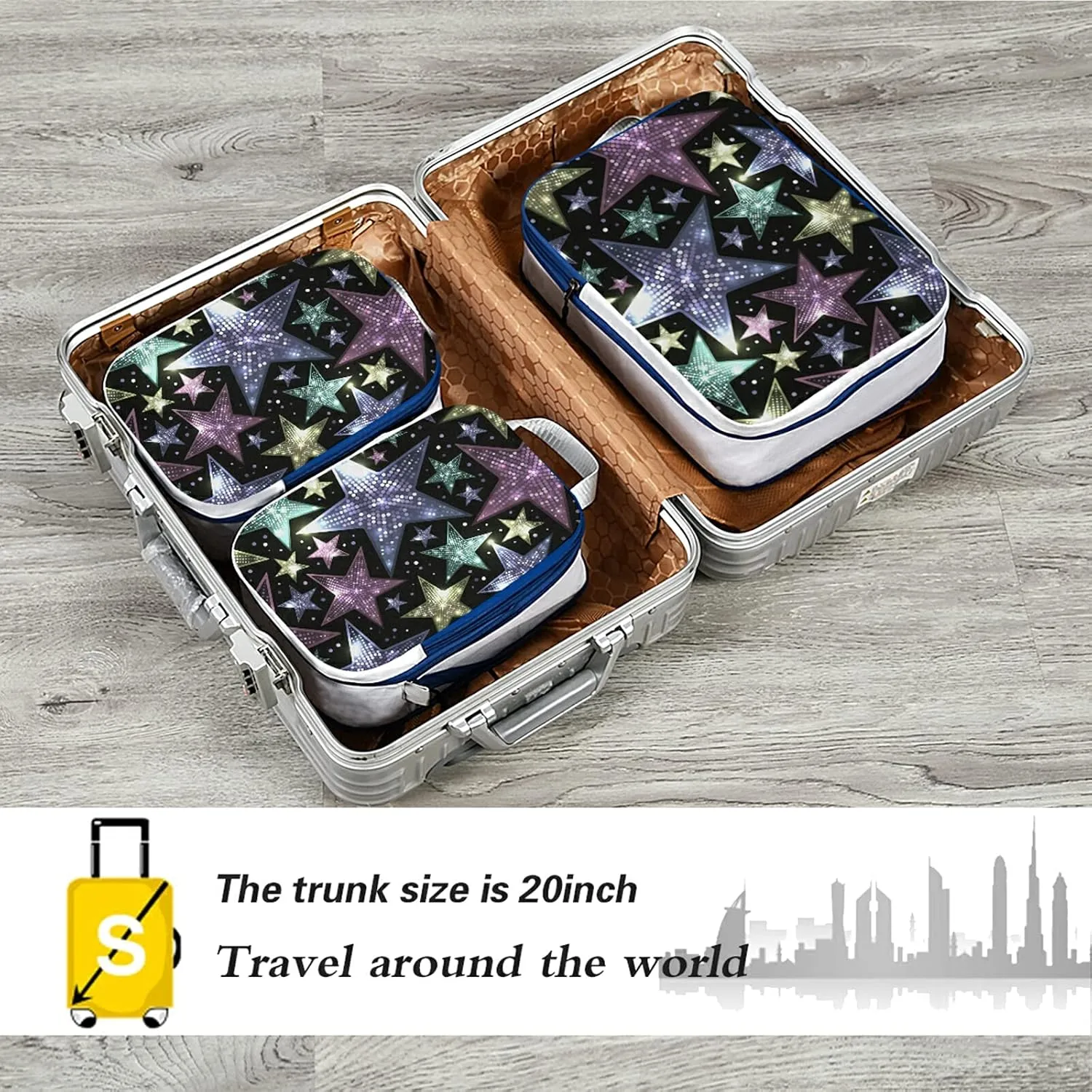 Shiny Sparkles and Sequins in the Form of Stars on a Dark Background 3 Set Packing Cubes, Waterproof Check Oxford cloth Organizers, Travel Packing Toiletry Storage Bag