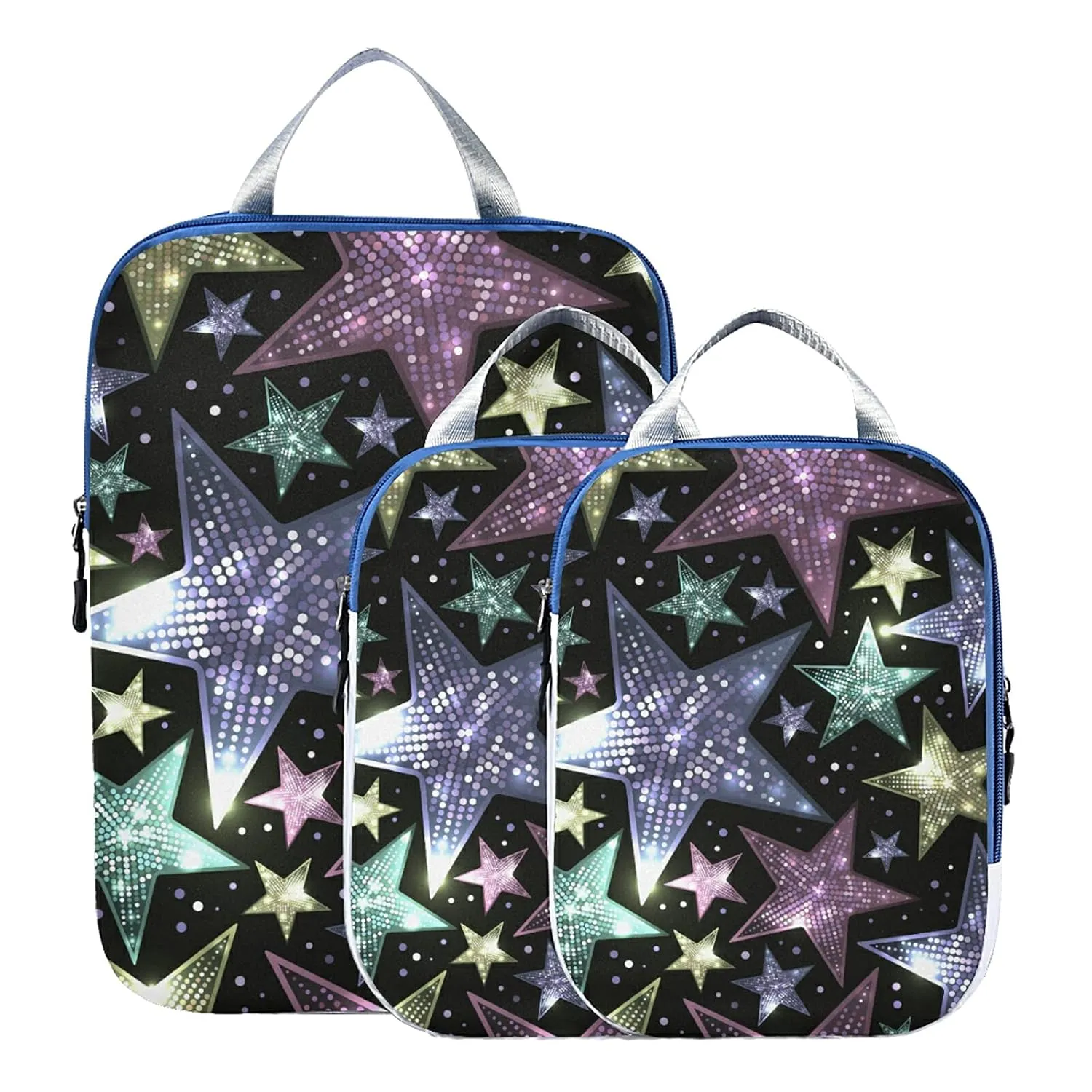Shiny Sparkles and Sequins in the Form of Stars on a Dark Background 3 Set Packing Cubes, Waterproof Check Oxford cloth Organizers, Travel Packing Toiletry Storage Bag