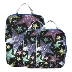 Shiny Sparkles and Sequins in the Form of Stars on a Dark Background 3 Set Packing Cubes, Waterproof Check Oxford cloth Organizers, Travel Packing Toiletry Storage Bag