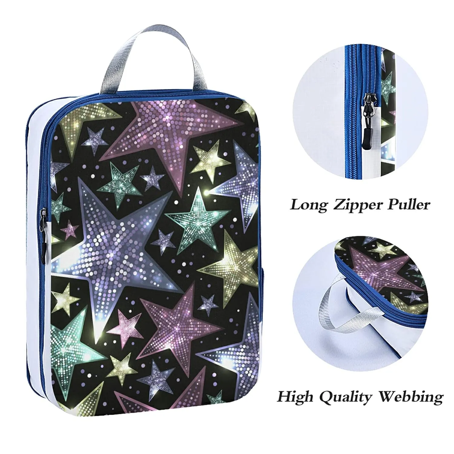 Shiny Sparkles and Sequins in the Form of Stars on a Dark Background 3 Set Packing Cubes, Waterproof Check Oxford cloth Organizers, Travel Packing Toiletry Storage Bag