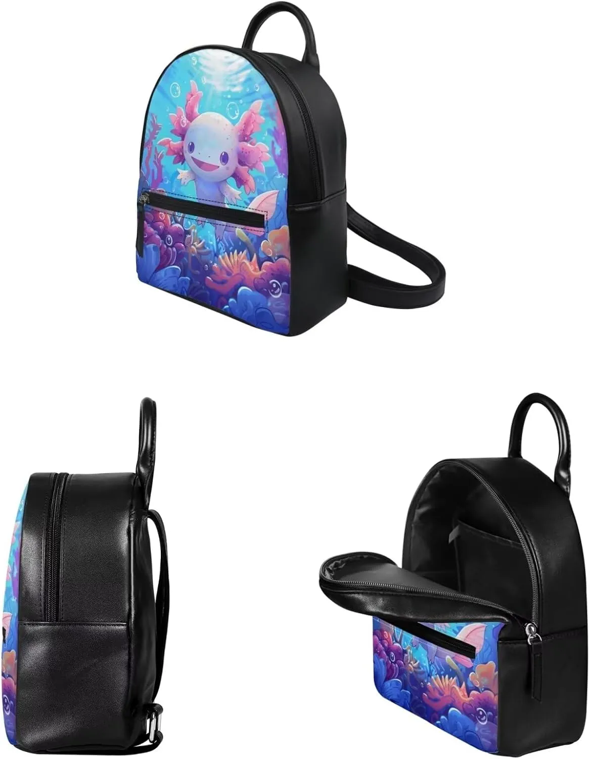 Showudesigns Cute Axolotl Backpack Purse Set for Women Mini Backpack Teen Girls Leather Small Backpacks Wallets Shoulder Bag for School Travel Mini Casual Daypack Handbags Coin Purse Salamander