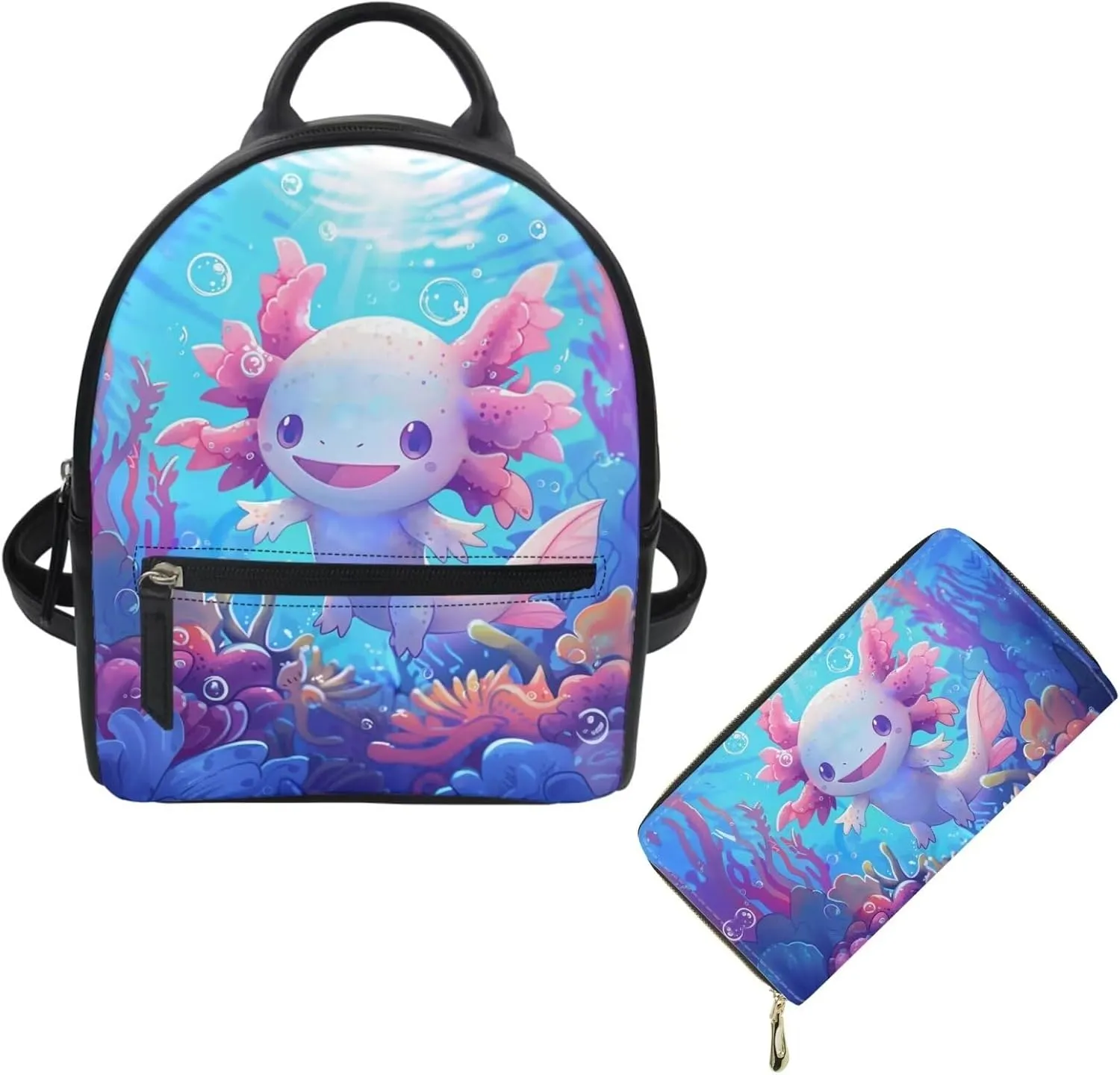 Showudesigns Cute Axolotl Backpack Purse Set for Women Mini Backpack Teen Girls Leather Small Backpacks Wallets Shoulder Bag for School Travel Mini Casual Daypack Handbags Coin Purse Salamander