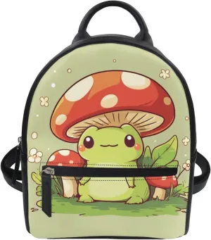 Showudesigns Cute Mushroom Frog Backpack for Teen Girls Purse Gifts Mini Pu Leather Backpacks Ladies Small Shoulder Bag Casual Tote Bags Handbag Daypack Green