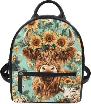 Showudesigns Highland Cows Mini Backpacks for Women Purse Sunflower Small Backpack School Bags Travel Daypack Trip Shoulder Bag Back Pack Handbag Accessories