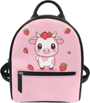 Showudesigns Strawberry Milk Cow Mini Backpacks for Women Teen Girls Purse Small Backpack School Bags Travel Daypack Trip Shoulder Bag Cute Carton Back Pack Handbag Pink