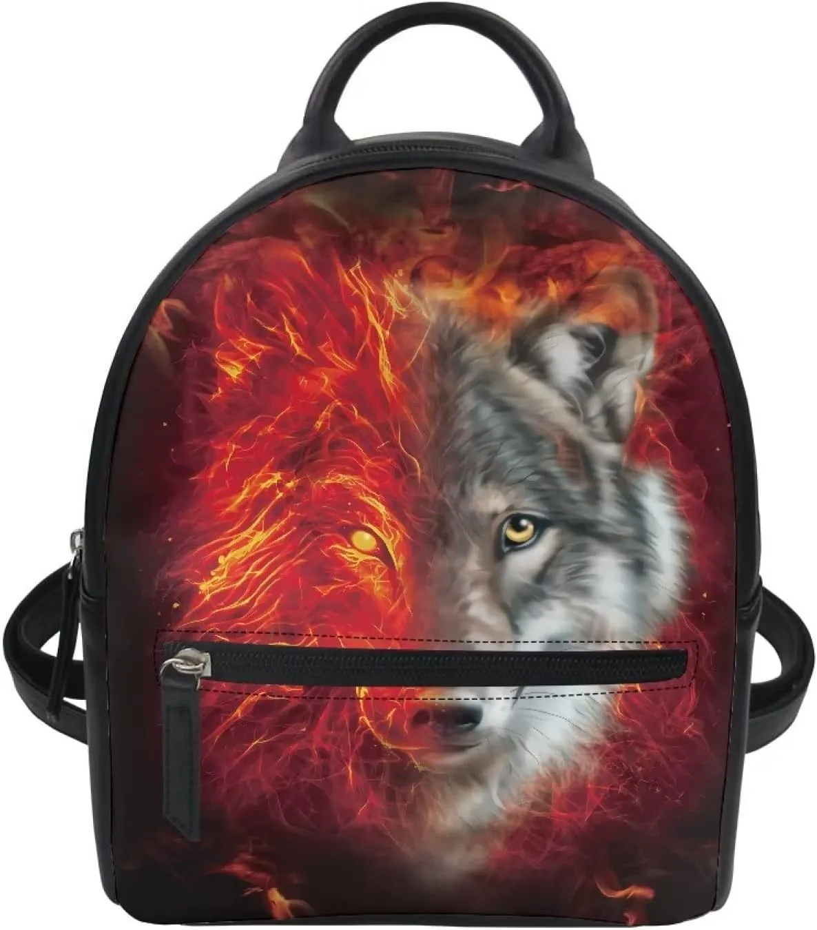 Showudesigns Wolf Backpack for Girls Teenager Purse Gifts Mini Pu Leather Backpacks Ladies Small Shoulder Bag Casual Daypack Red Flame Handbag