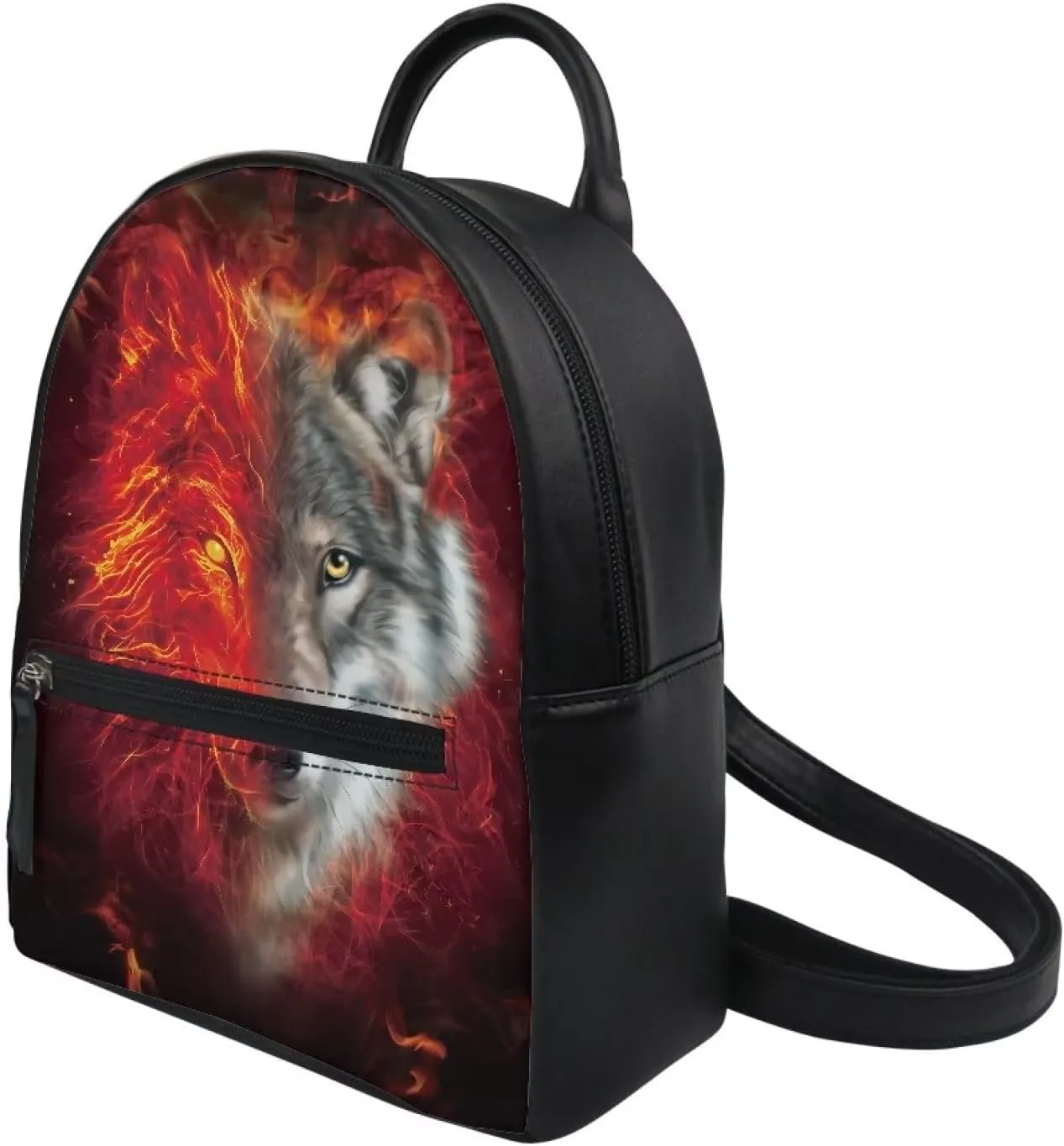 Showudesigns Wolf Backpack for Girls Teenager Purse Gifts Mini Pu Leather Backpacks Ladies Small Shoulder Bag Casual Daypack Red Flame Handbag