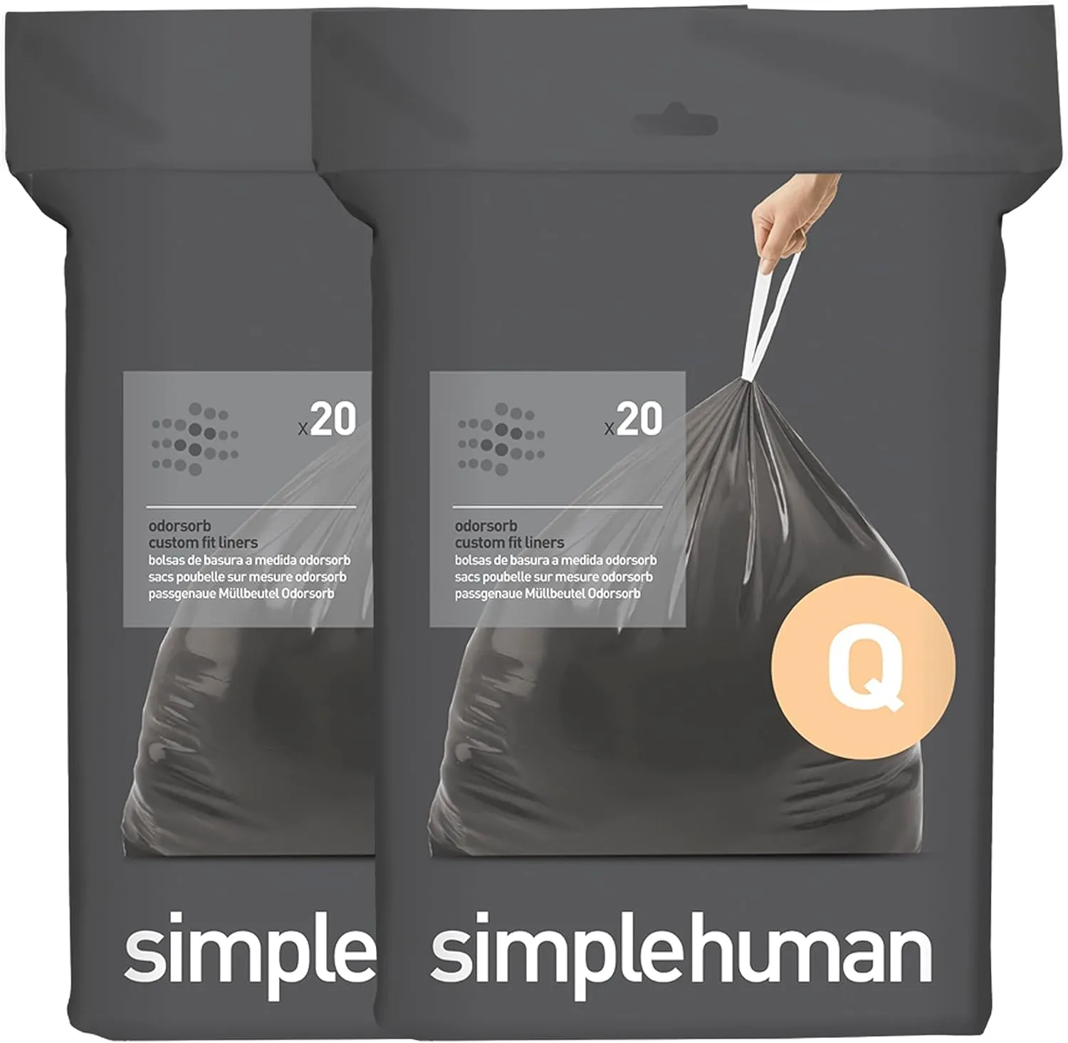 simplehuman Code Q 40 Count, Genuine Odorsorb Custom Fit Liners, Drawstring Odor Absorbing Trash Bags in Dispenser Packs, 50-65 Liter / 13-17 Gallon