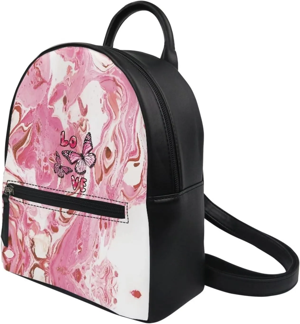Small Backpack Purse for Womens Girls Cute Mini Backpack Stylish Shoulder Bag Daily Use PU Leather School Bag Bookbag with Zipper,Pink Butterfly Love Print