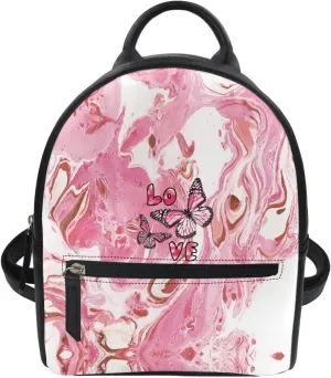 Small Backpack Purse for Womens Girls Cute Mini Backpack Stylish Shoulder Bag Daily Use PU Leather School Bag Bookbag with Zipper,Pink Butterfly Love Print
