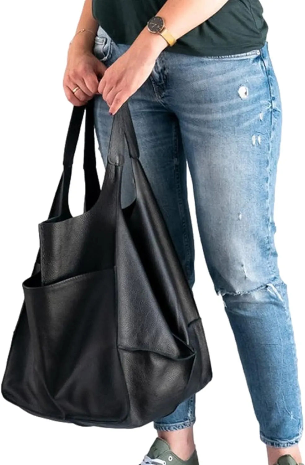 Soft Leather Tote Bag for Women Extra Large Boho Bucket Handbag Oversized Purse Shoulder Bag for Working Traveling