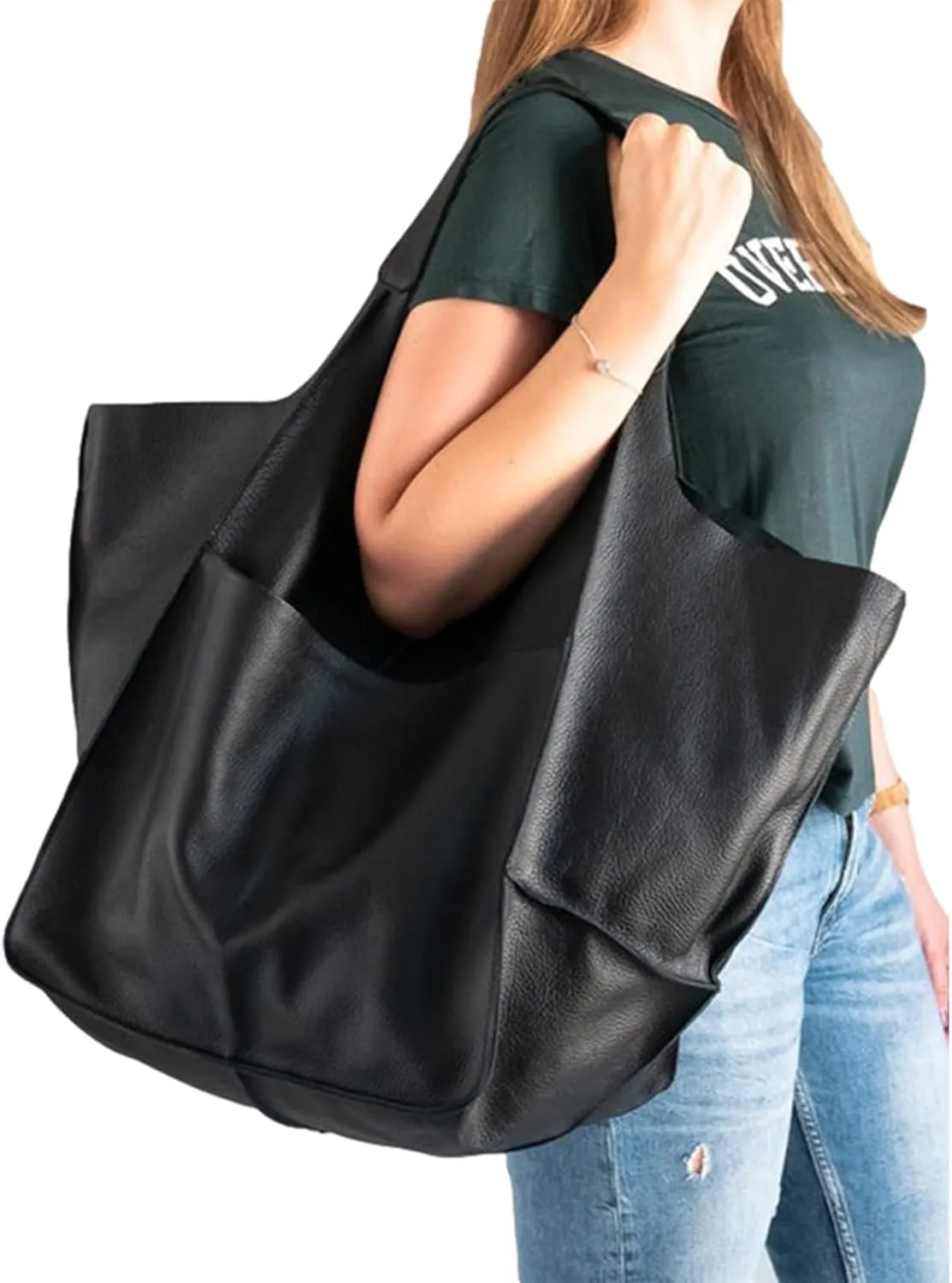 Soft Leather Tote Bag for Women Extra Large Boho Bucket Handbag Oversized Purse Shoulder Bag for Working Traveling