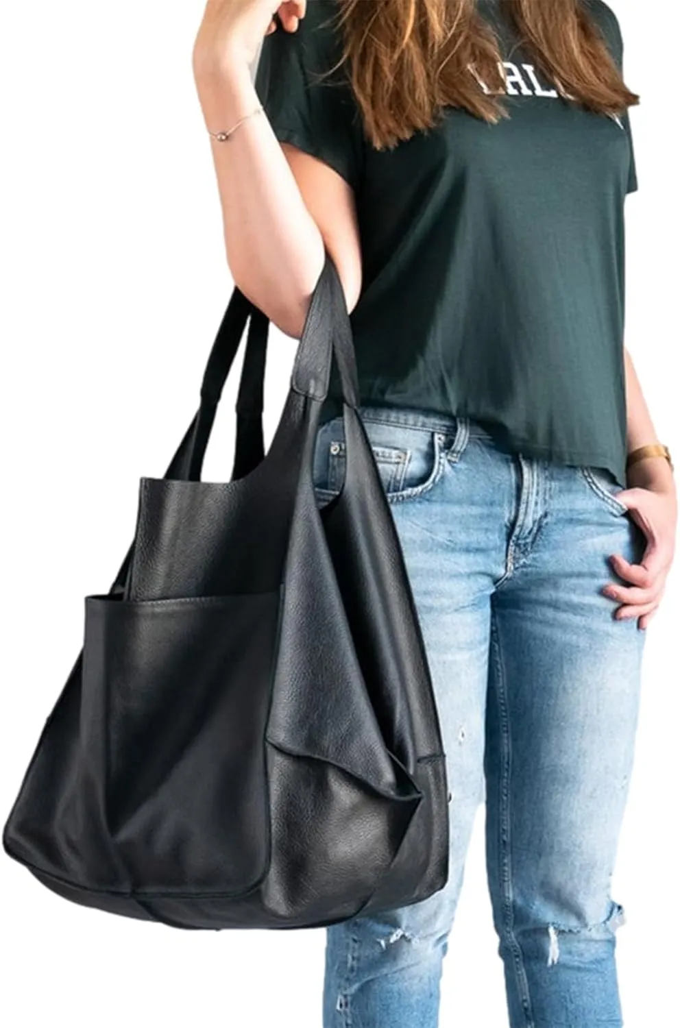 Soft Leather Tote Bag for Women Extra Large Boho Bucket Handbag Oversized Purse Shoulder Bag for Working Traveling