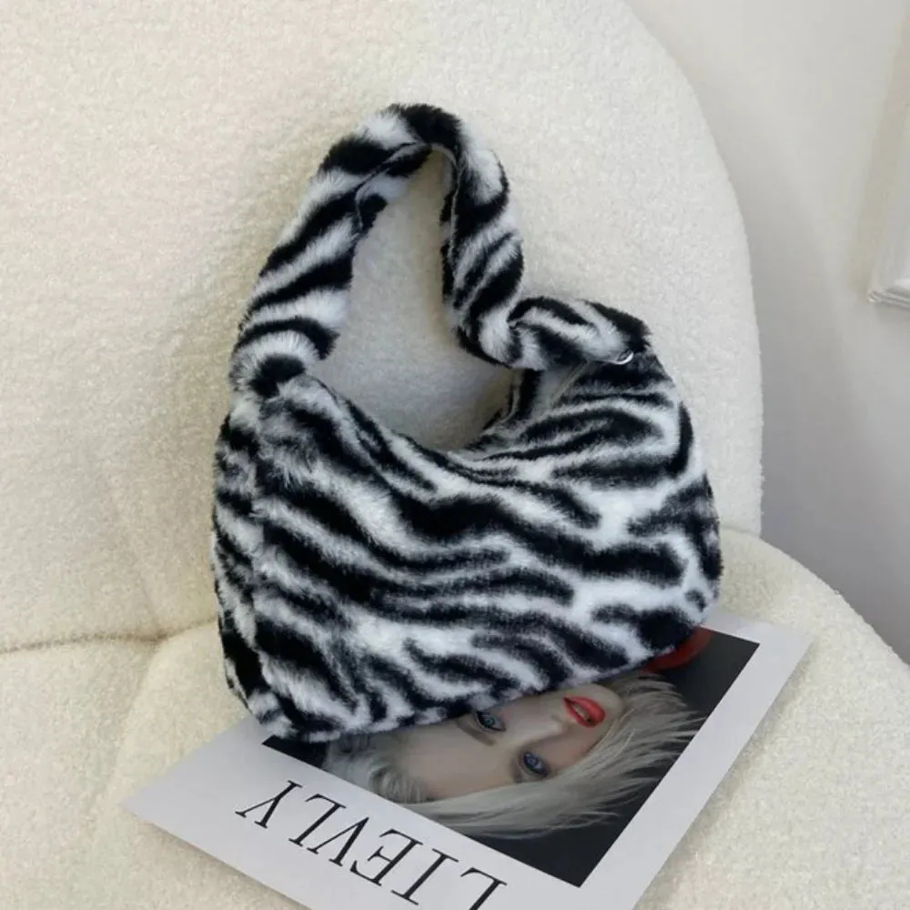 Soft Plush Leopard Pattern Shoulder Tote Handbag