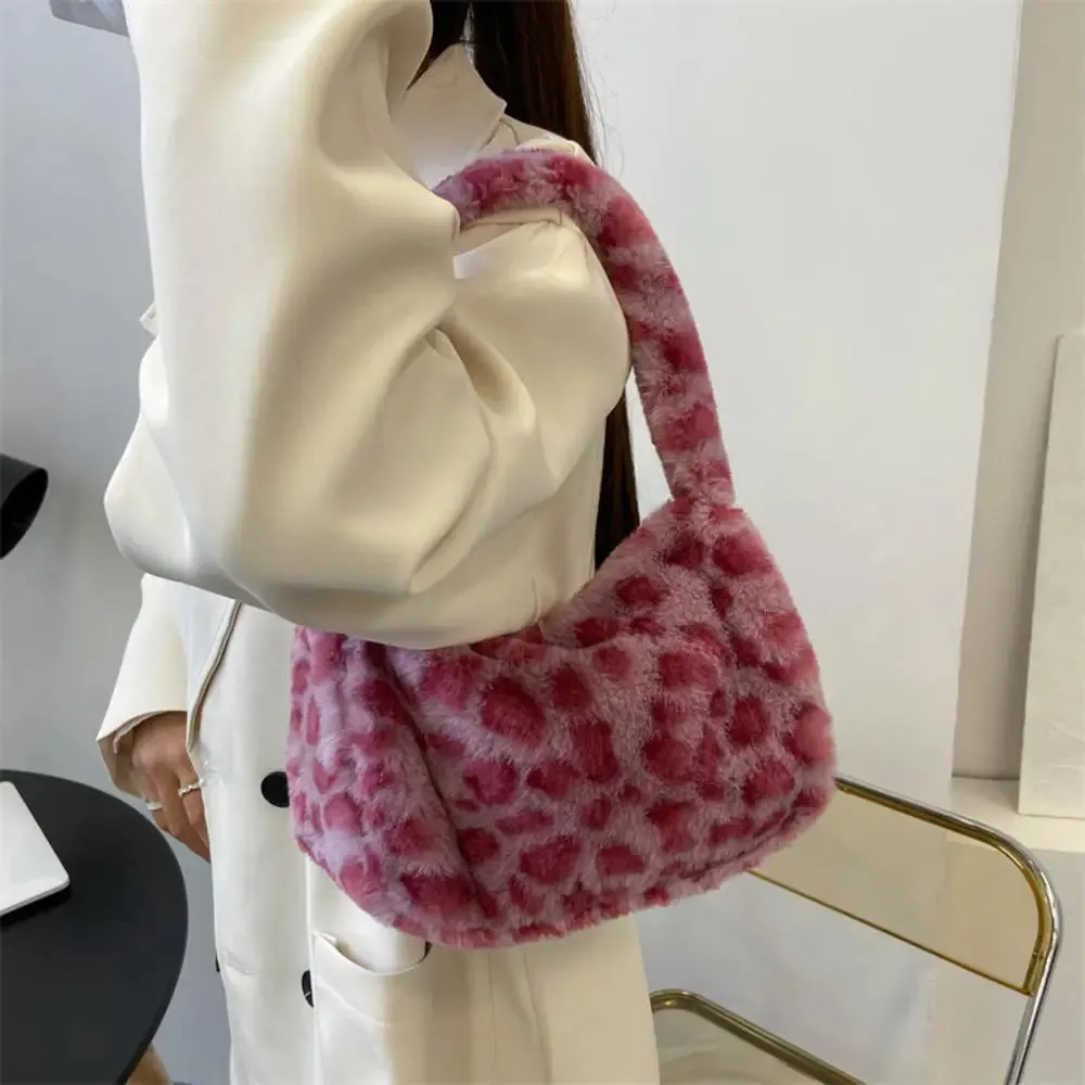 Soft Plush Leopard Pattern Shoulder Tote Handbag