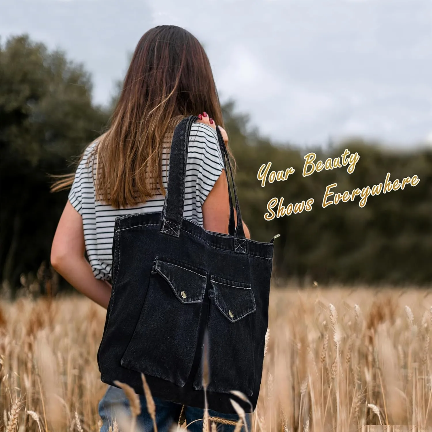 SoonerCozer Women's Stylish Large Denim Crossbody Messenger Bag for School Spacious Jean Shoulder Purse Tote Hobo Bag