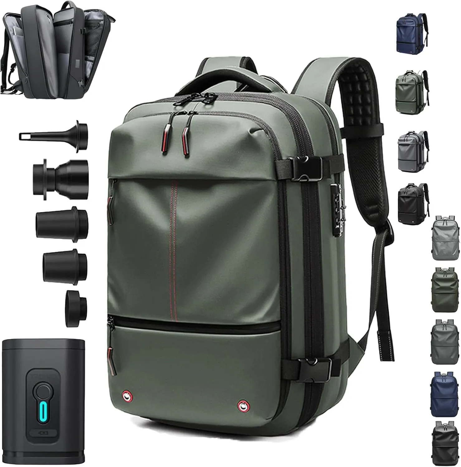 SpaceVac Backpack, Space Vac Travel Vacuum Bags, 60l Expandable Backpack, Water Resistant, Anti Theft, with Electric Air Pump (Classic-Green)