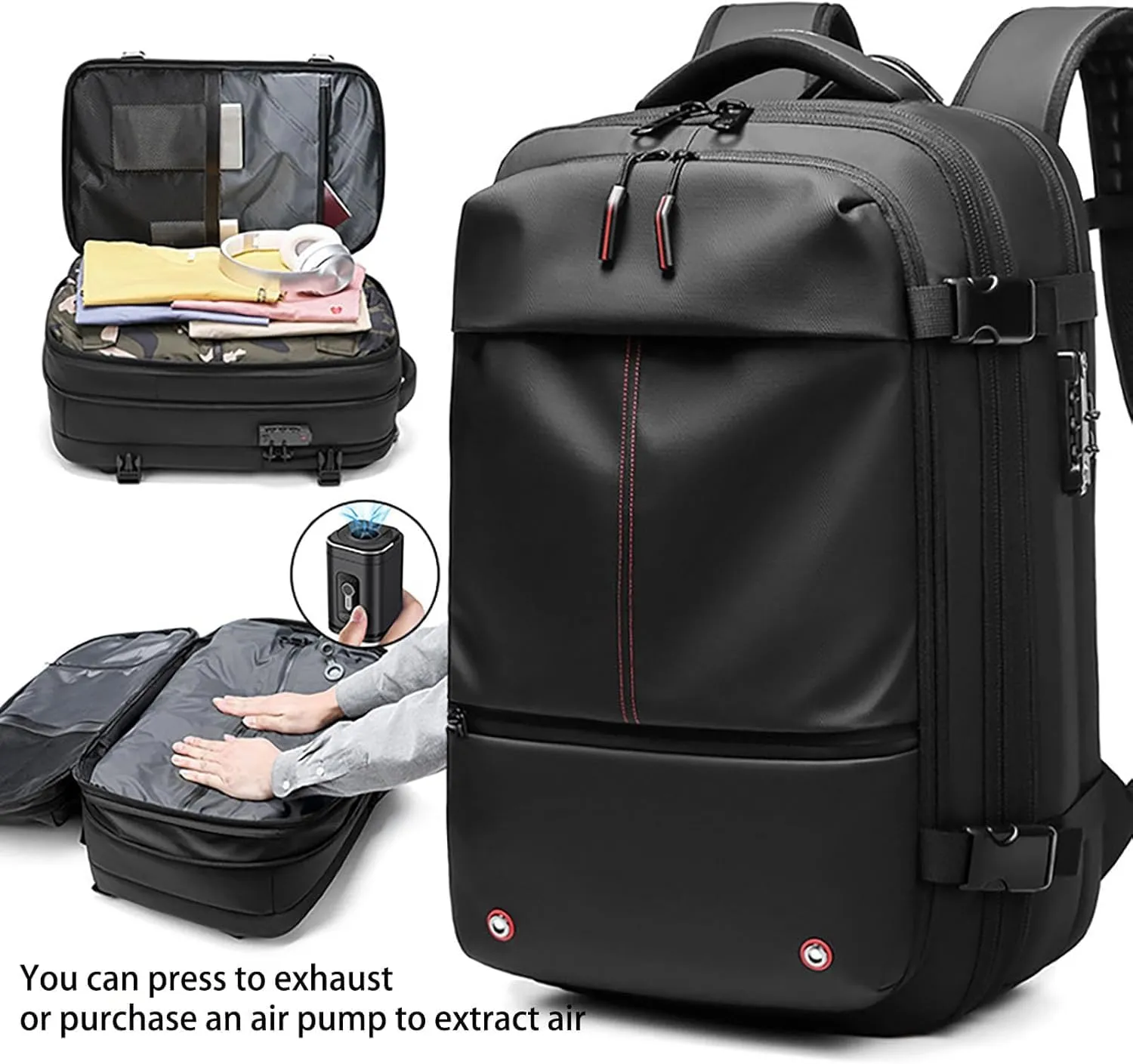 SpaceVac Backpack, Space Vac Travel Vacuum Bags, 60l Expandable Backpack, Water Resistant, Anti Theft, with Electric Air Pump (Prestige-Black)