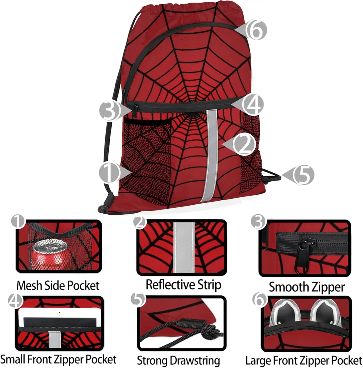 Spiders Red Web Drawstring Backpack,Waterproof Sports Gym Bag with Shoes Compartment and Bottle Holder,Travel Tote Bags for Beach,Swimming,Yoga Gifts