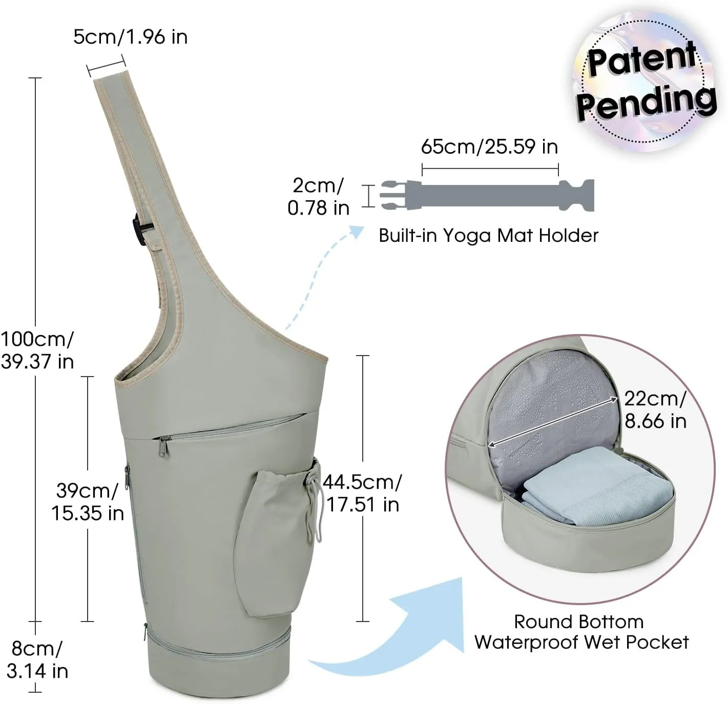 sportsnew Yoga Mat Bag, Large Opening Long Tote Yoga Mat Carrier Holder Bag with Waterproof Wet Pocket and Drawstring Water Bottle Pocket, Adjustable Shoulder Strap Storage Bag, patent pending