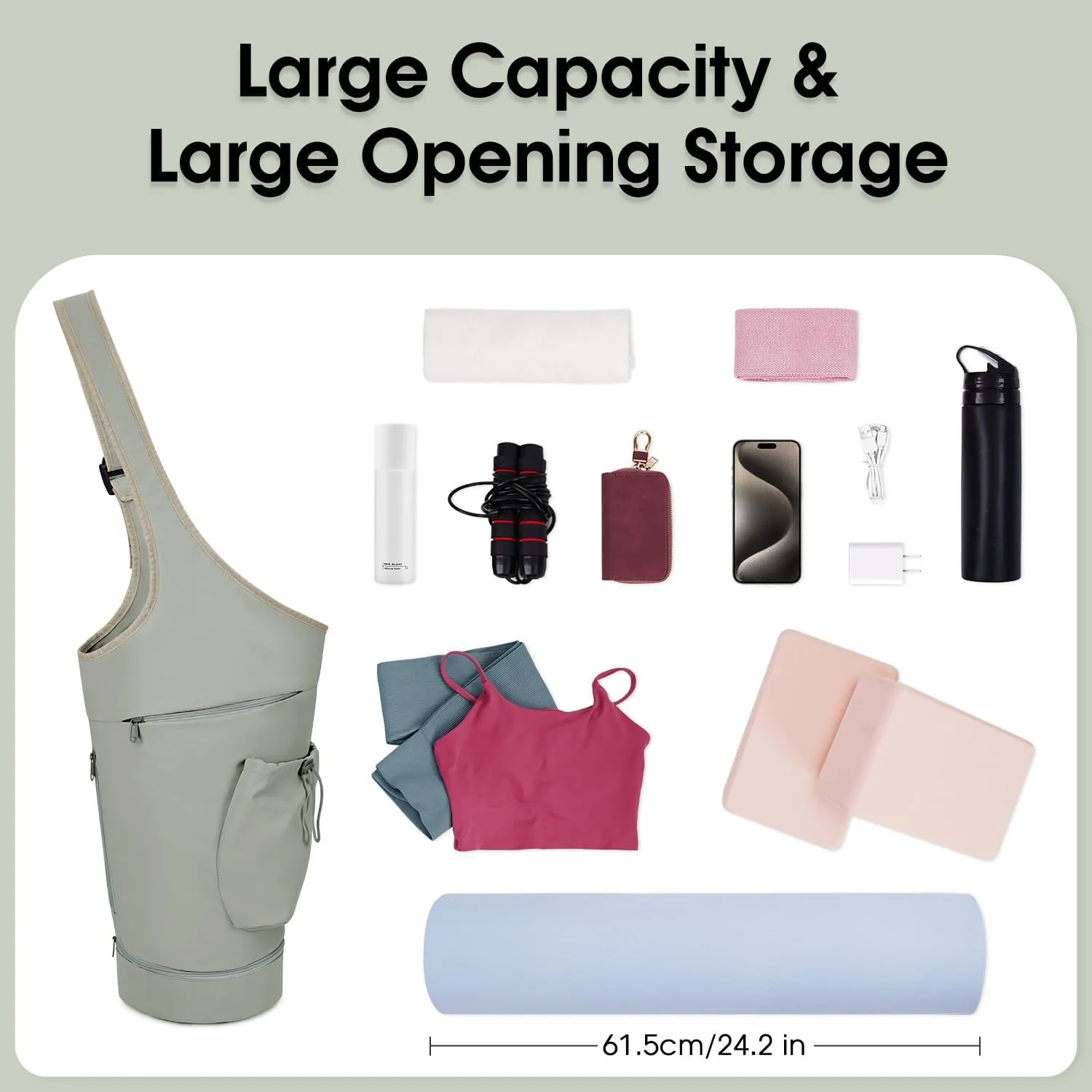 sportsnew Yoga Mat Bag, Large Opening Long Tote Yoga Mat Carrier Holder Bag with Waterproof Wet Pocket and Drawstring Water Bottle Pocket, Adjustable Shoulder Strap Storage Bag, patent pending