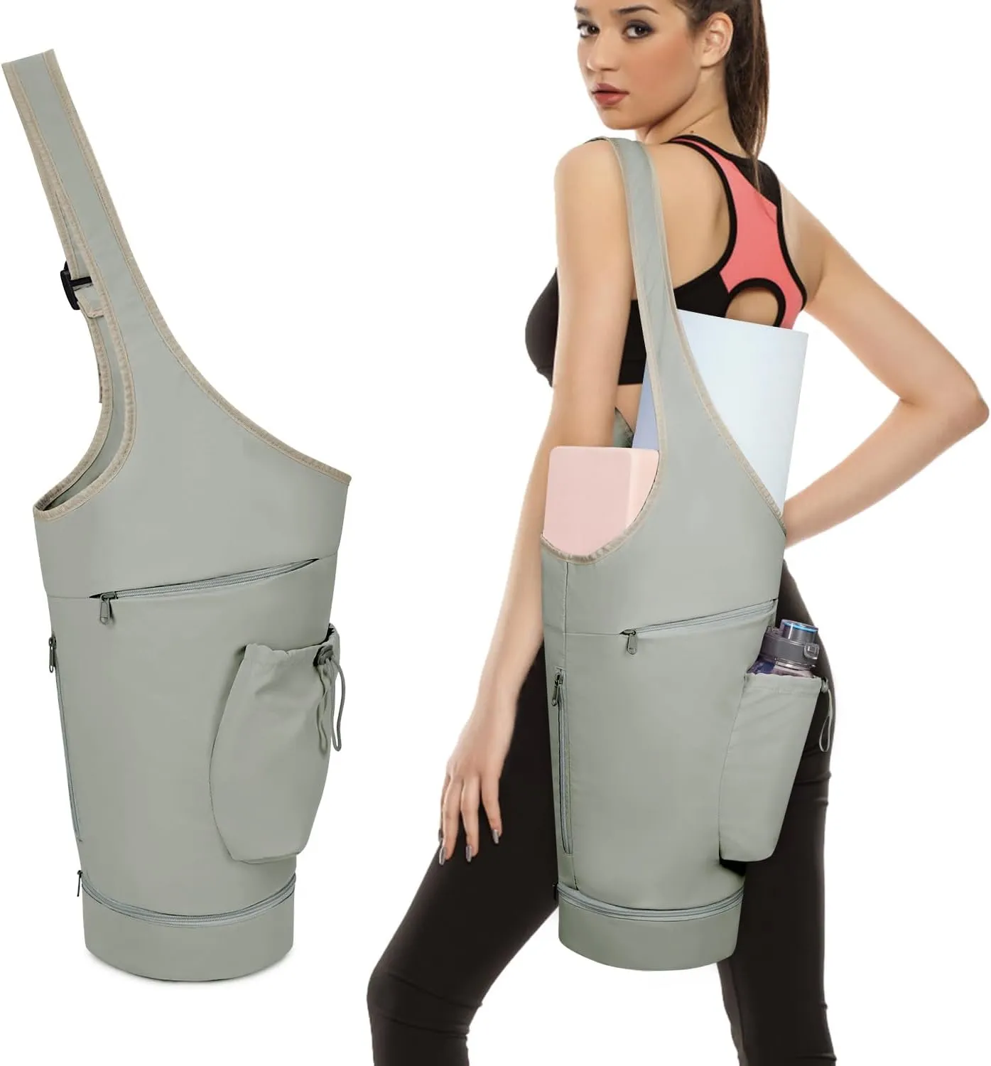 sportsnew Yoga Mat Bag, Large Opening Long Tote Yoga Mat Carrier Holder Bag with Waterproof Wet Pocket and Drawstring Water Bottle Pocket, Adjustable Shoulder Strap Storage Bag, patent pending