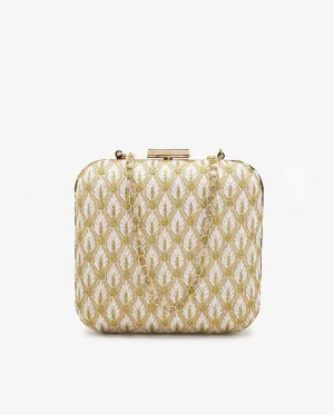 Square White and Gold Embroidered Clutch