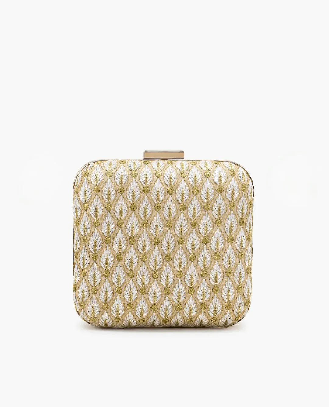 Square White and Gold Embroidered Clutch