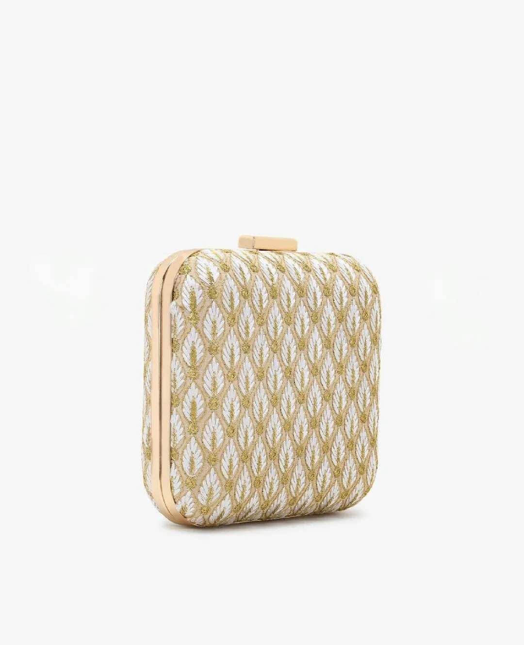 Square White and Gold Embroidered Clutch