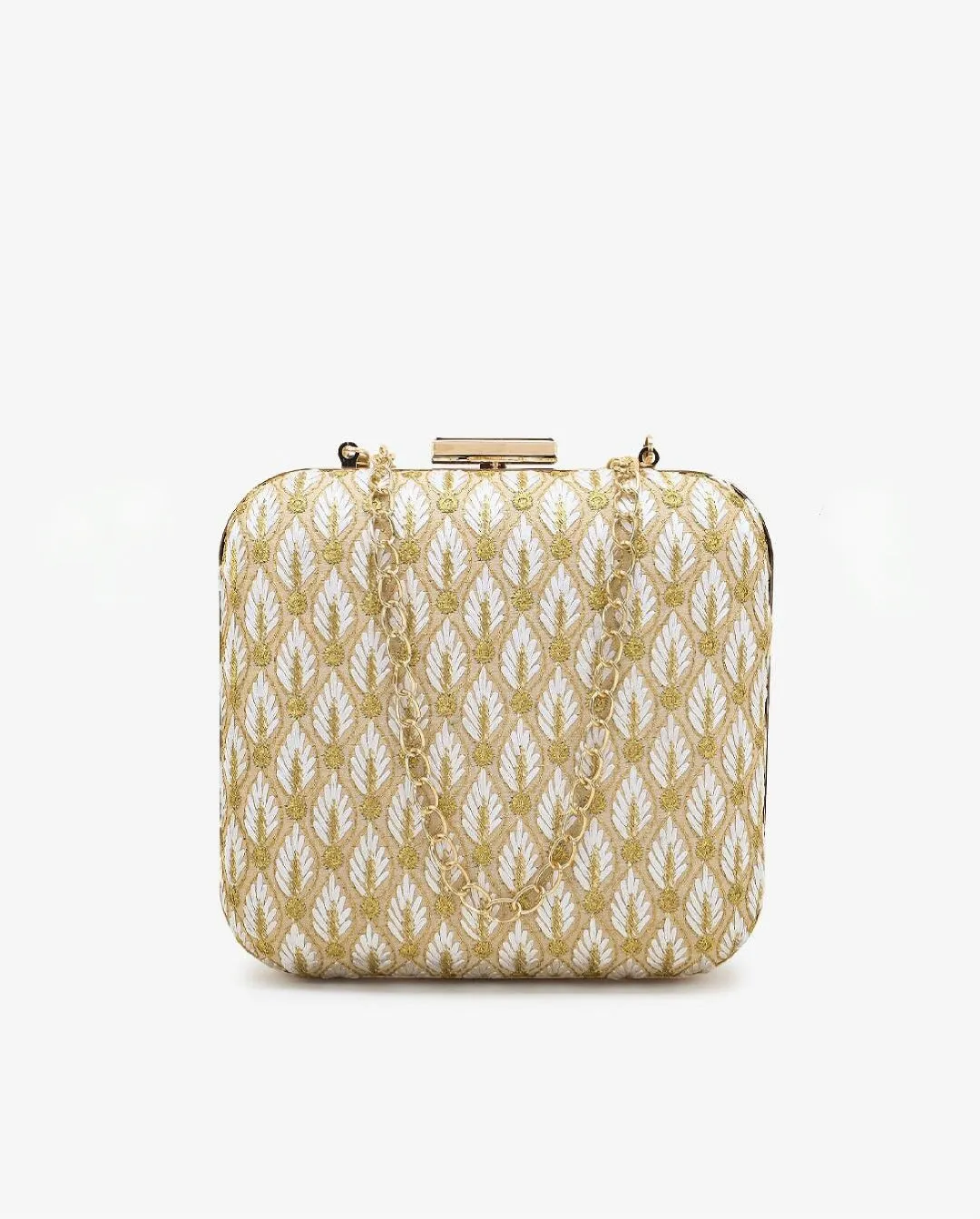 Square White and Gold Embroidered Clutch