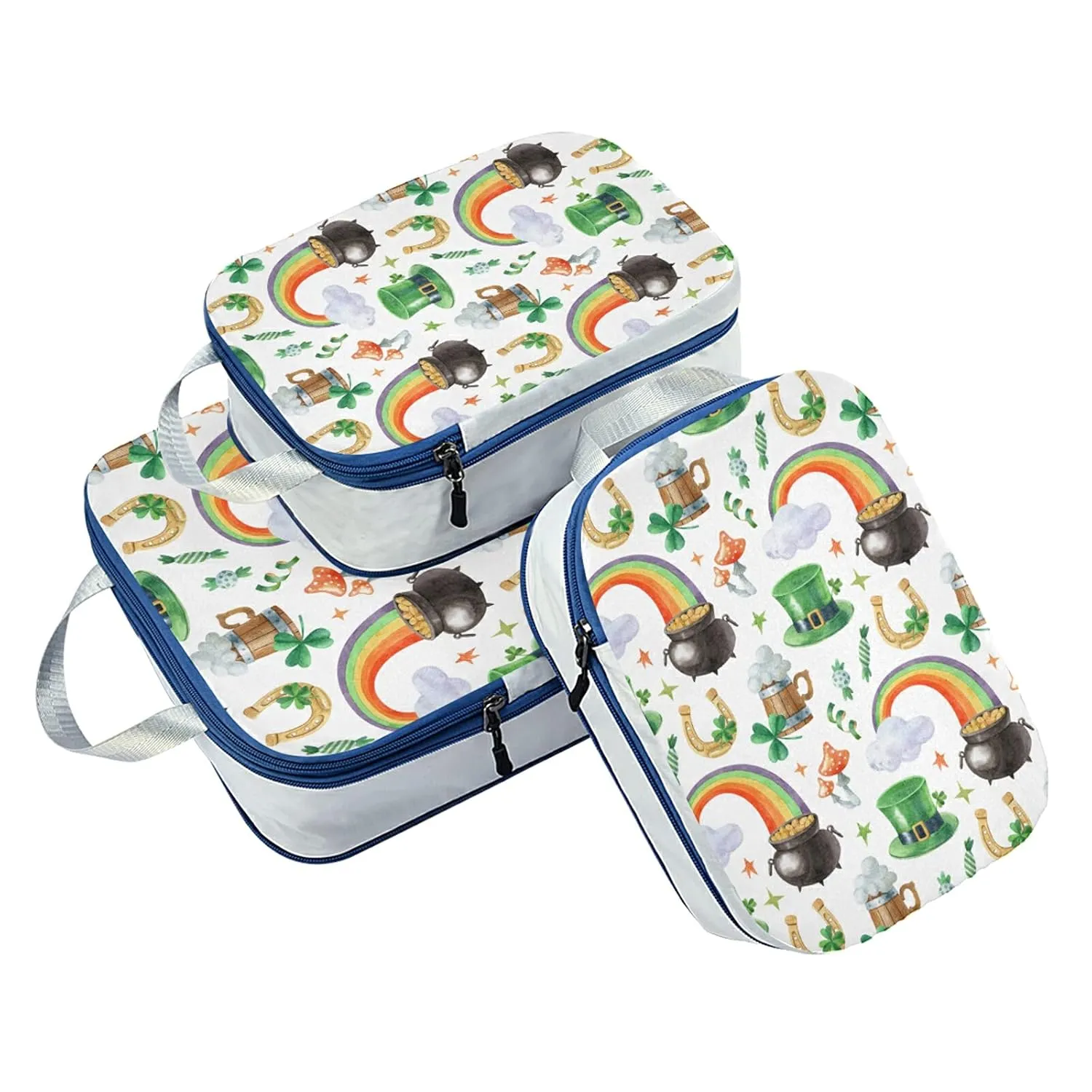 St. Patrick's Shamrock Leprechaun Hat, Pot of Gold, Rainbow on White 3 Set Packing Cubes, Waterproof Check Oxford cloth Organizers, Travel Packing Toiletry Storage Bag