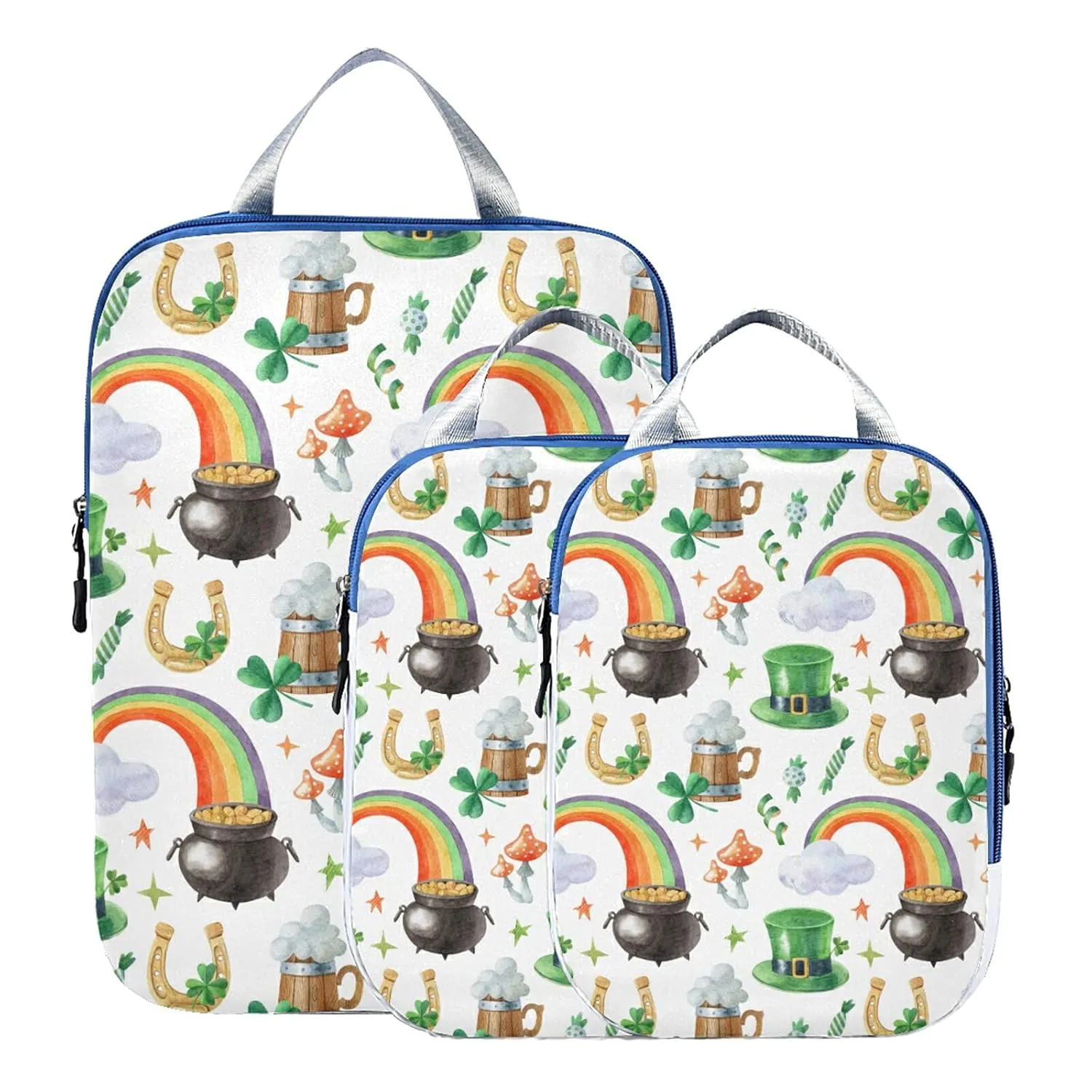 St. Patrick's Shamrock Leprechaun Hat, Pot of Gold, Rainbow on White 3 Set Packing Cubes, Waterproof Check Oxford cloth Organizers, Travel Packing Toiletry Storage Bag