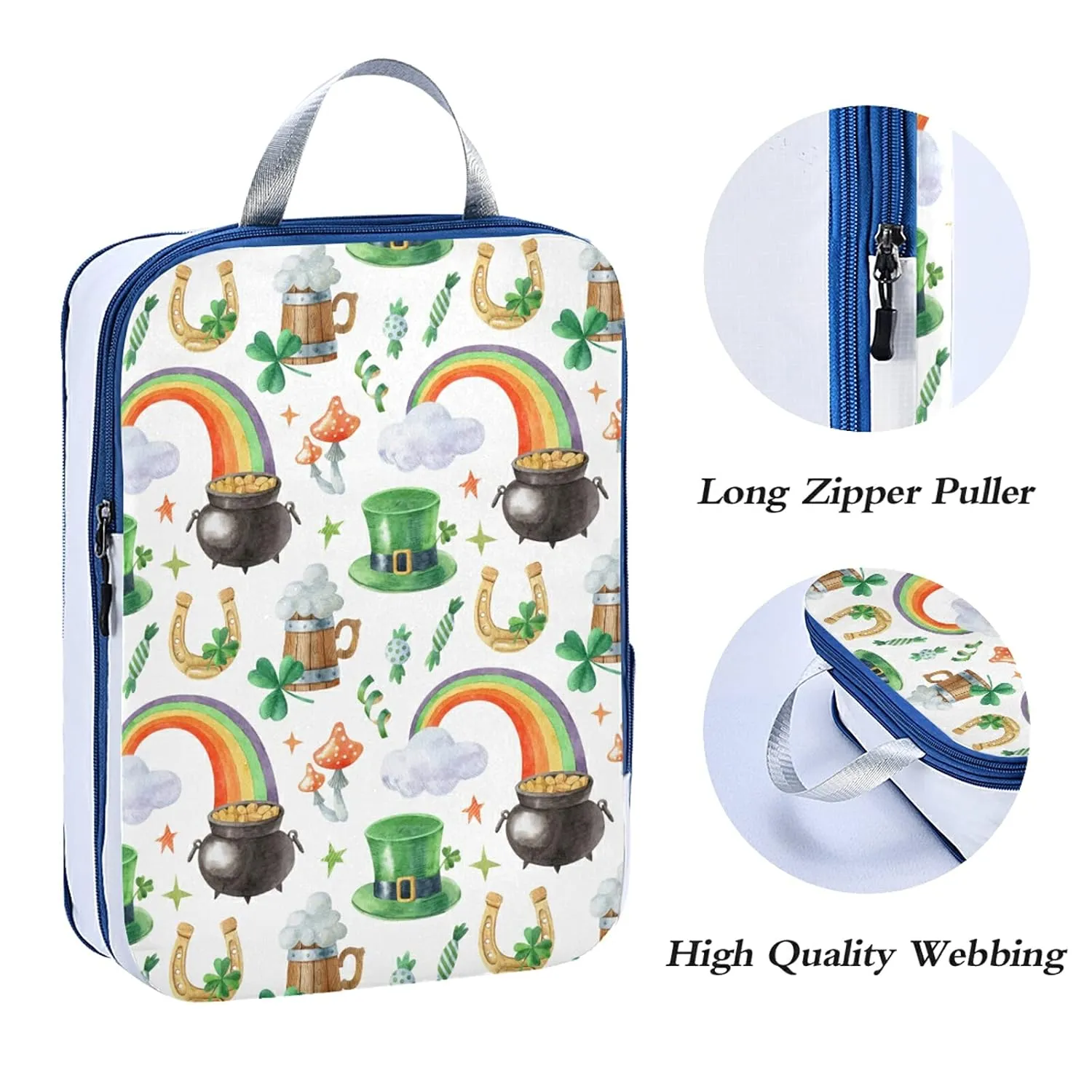 St. Patrick's Shamrock Leprechaun Hat, Pot of Gold, Rainbow on White 3 Set Packing Cubes, Waterproof Check Oxford cloth Organizers, Travel Packing Toiletry Storage Bag